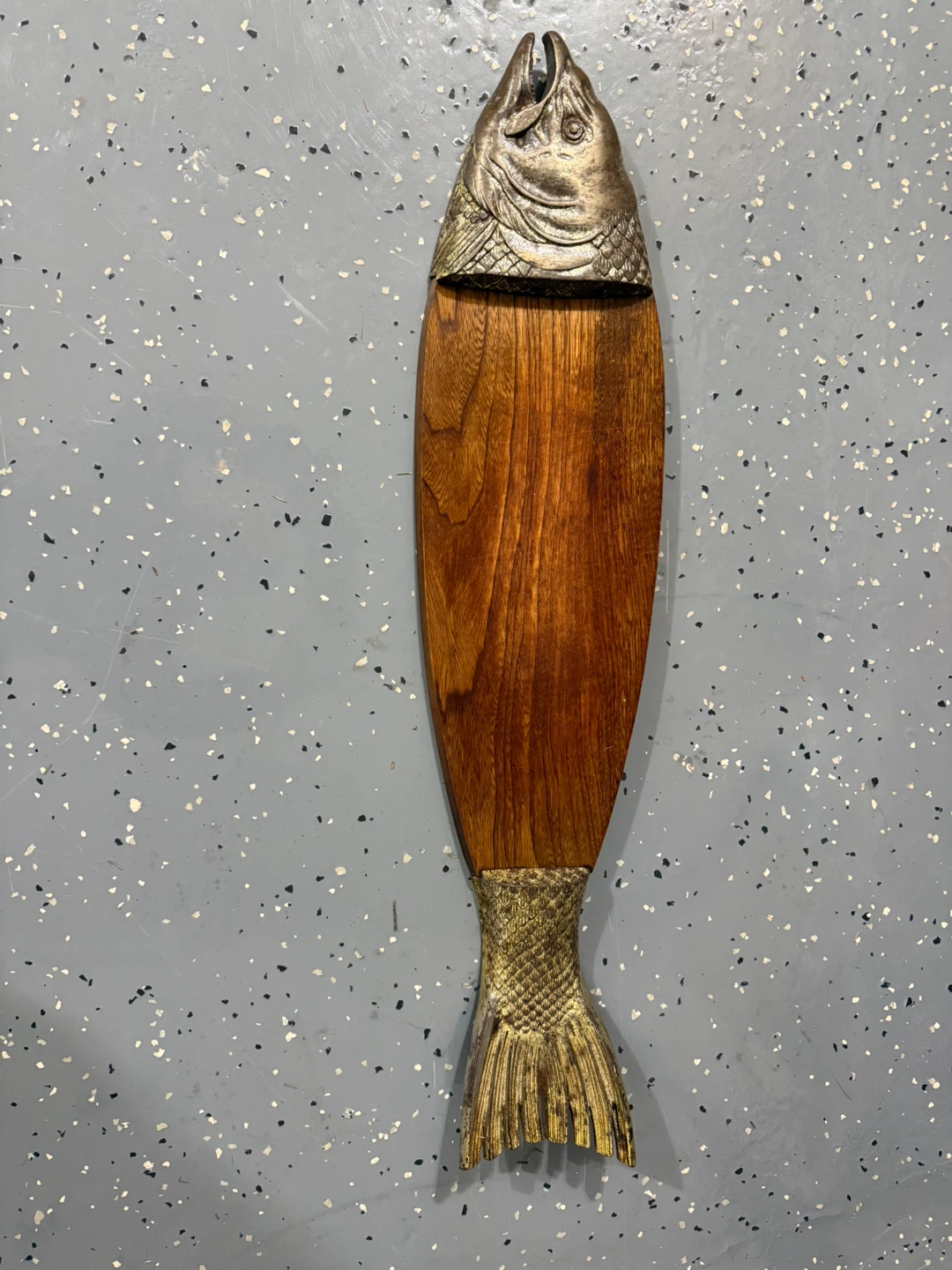 Vintage Fish Shaped Wooden Serving Platter with Metal Accents