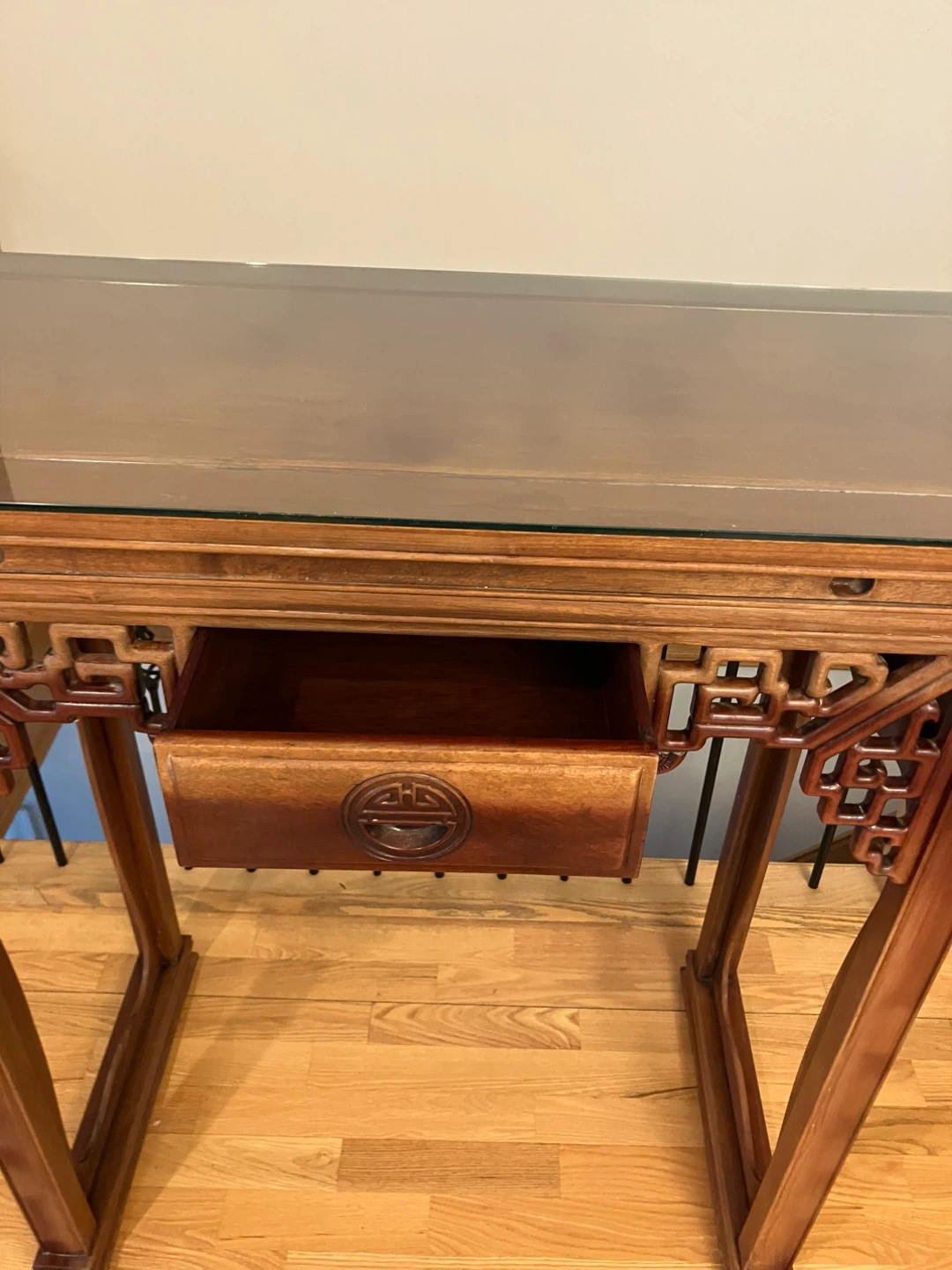 Carved Wood Console Table with Glass Top and Drawer