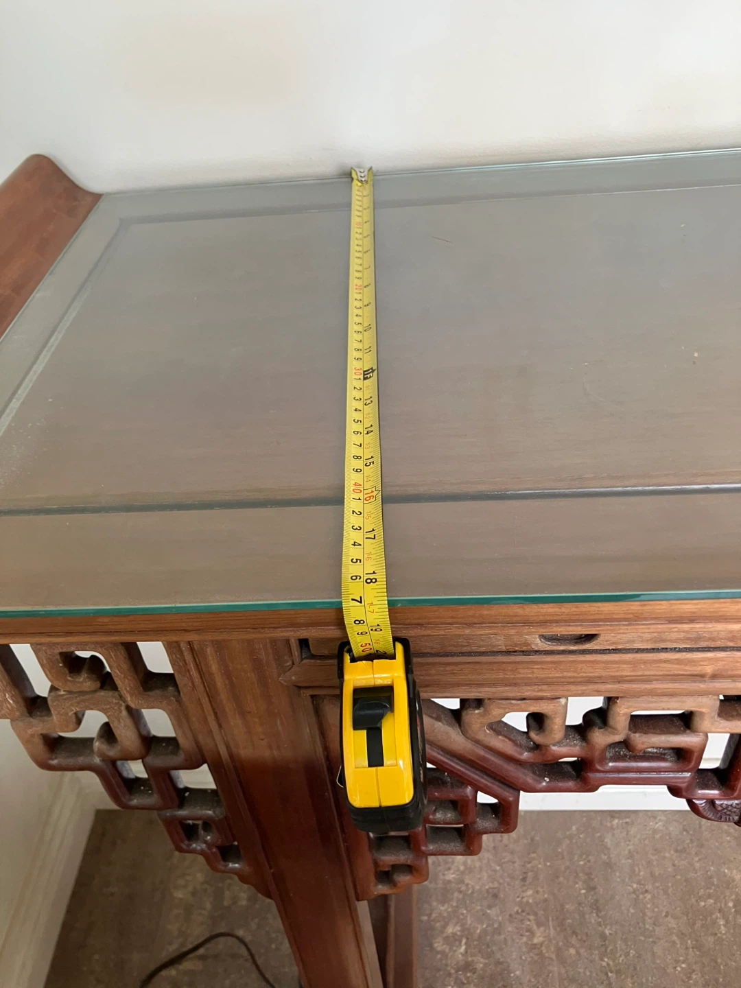 Carved Wood Console Table with Glass Top and Drawer - photo 3