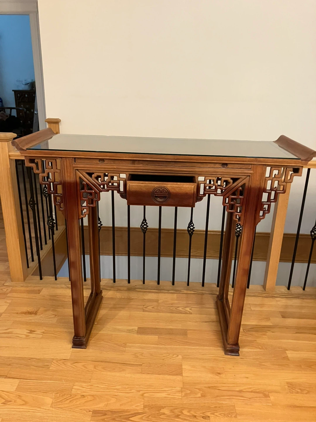 Carved Wood Console Table with Glass Top and Drawer - photo 2