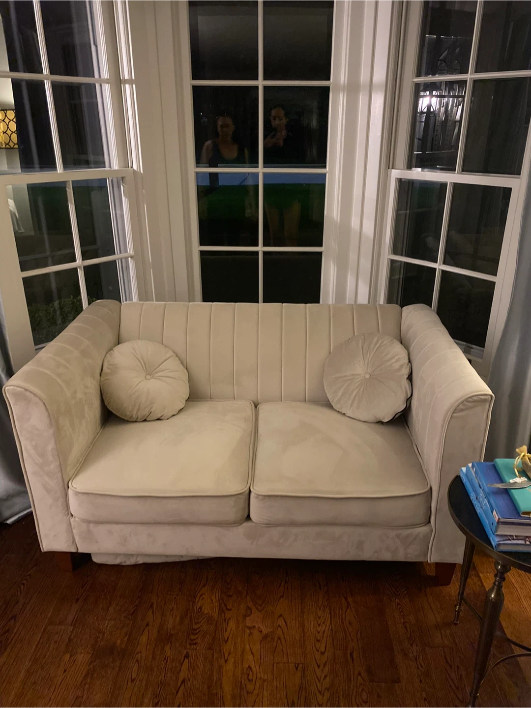 Beige Velvet Loveseat Sofa with Decorative Pillows