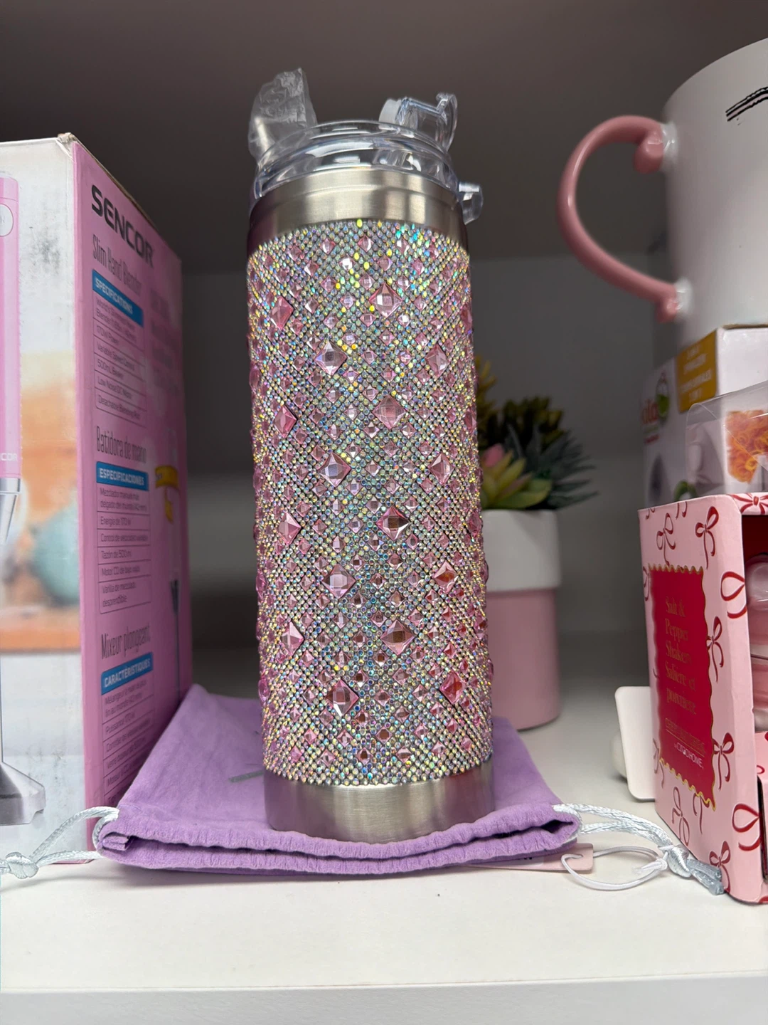 Pink Rhinestone Tumbler with Straw