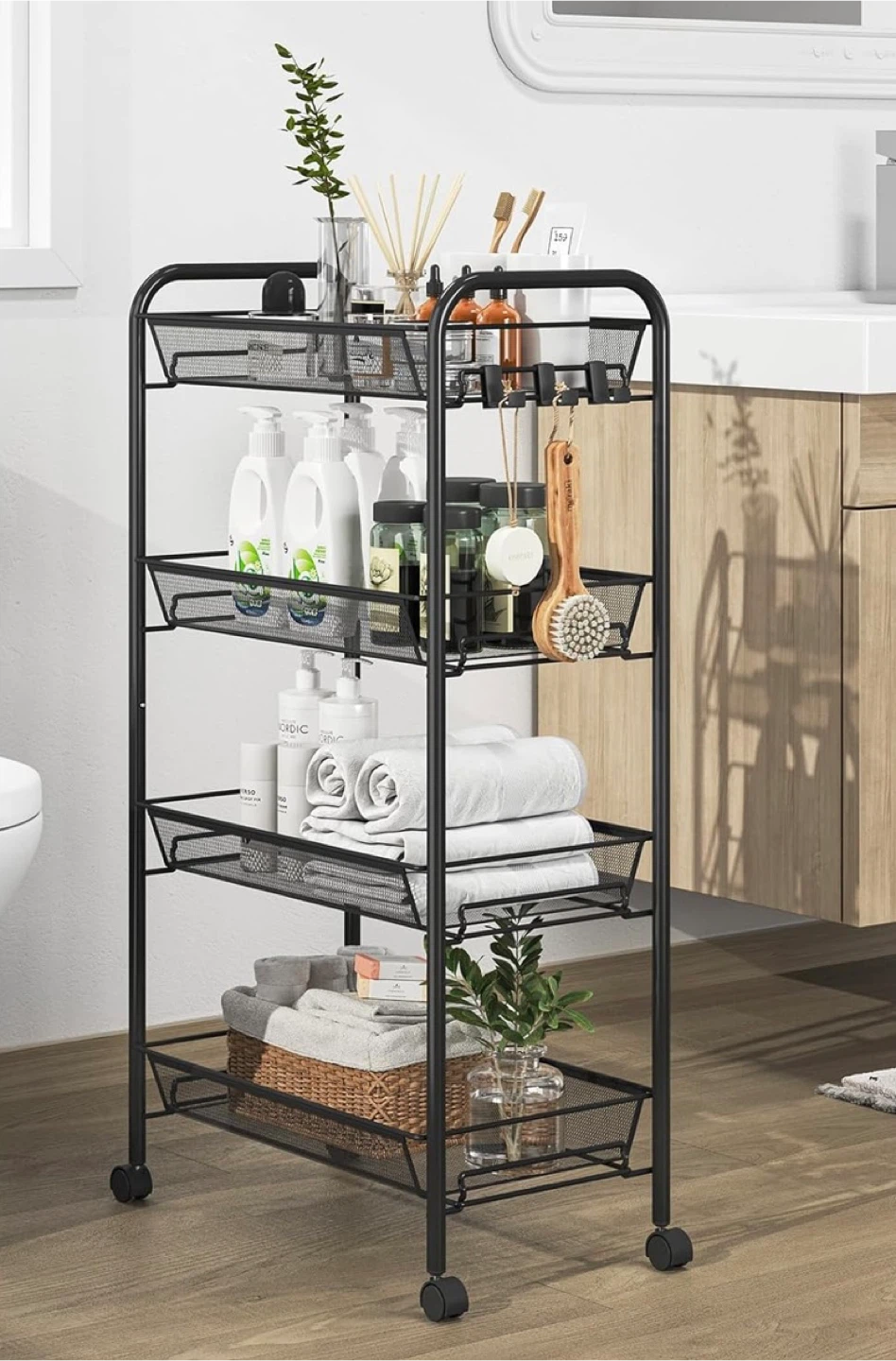 Black 5-Tier Mesh Rolling Cart - photo 4