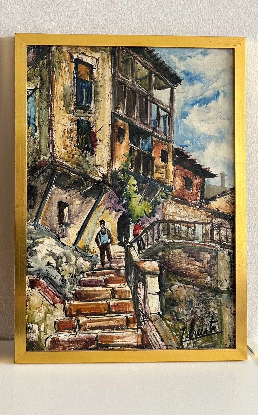 Framed Painting of a European Street Scene