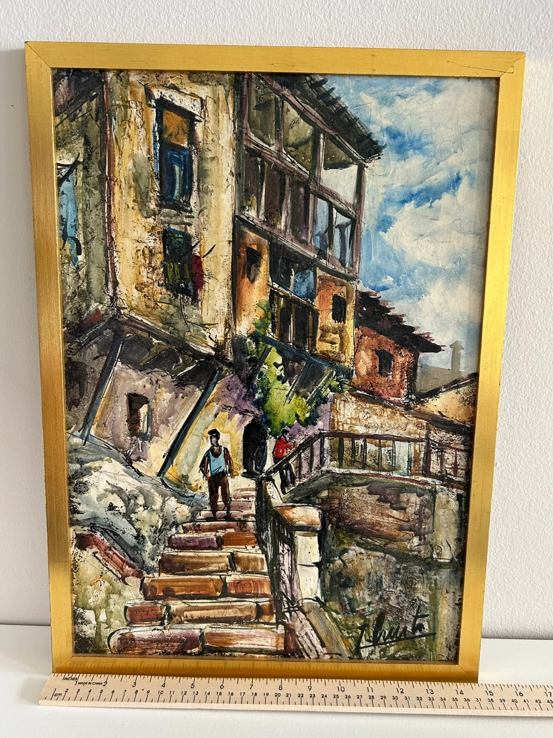 Framed Painting of a European Street Scene - photo 3