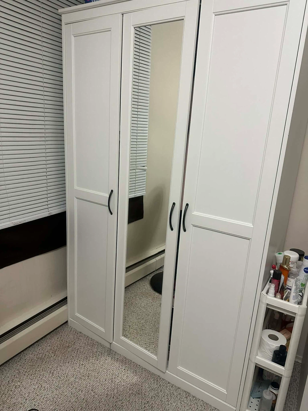 White 3-Door Wardrobe with Mirrored Center Panel