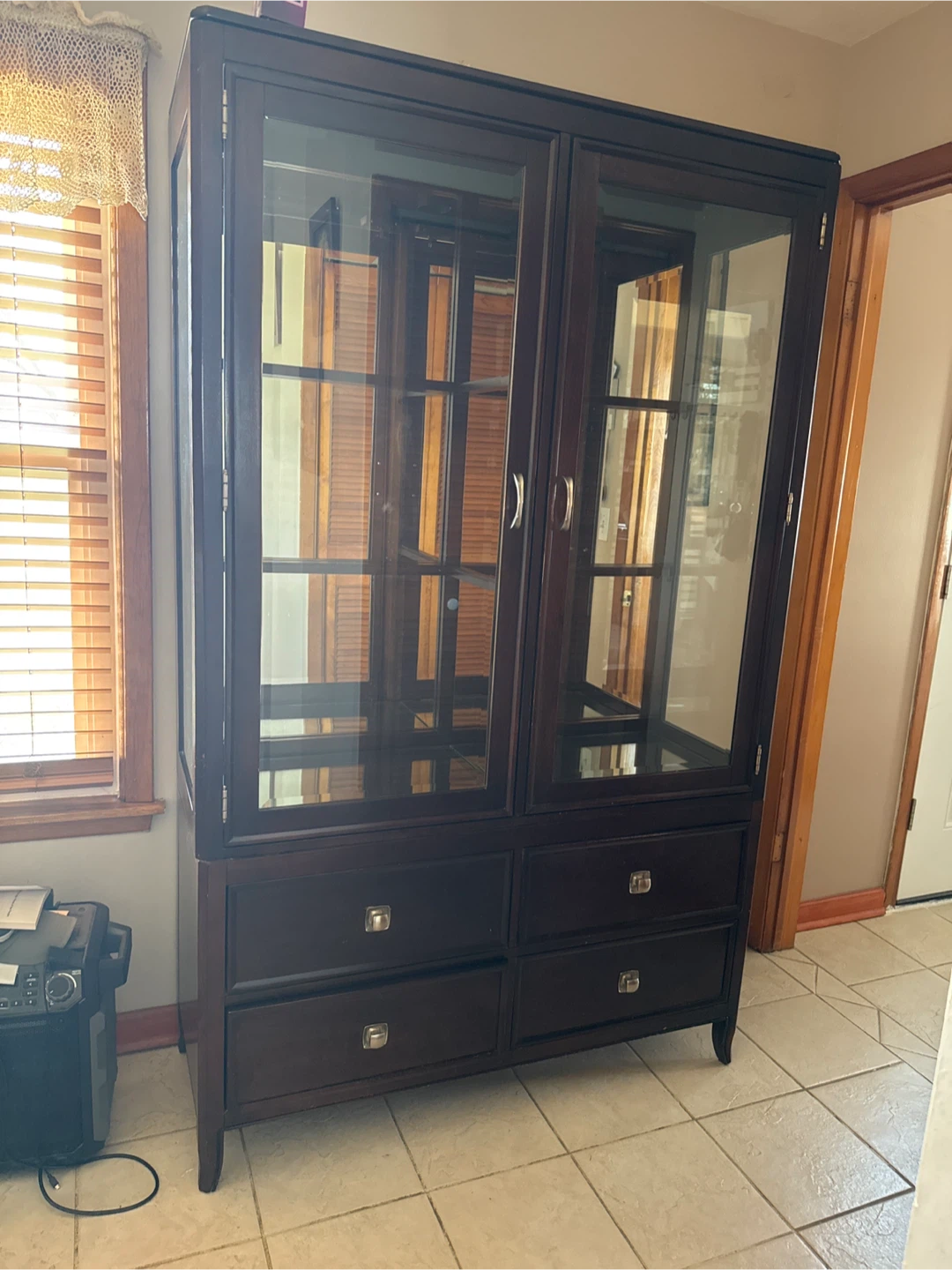 Dark Wood China Cabinet with Glass Doors and Drawers
