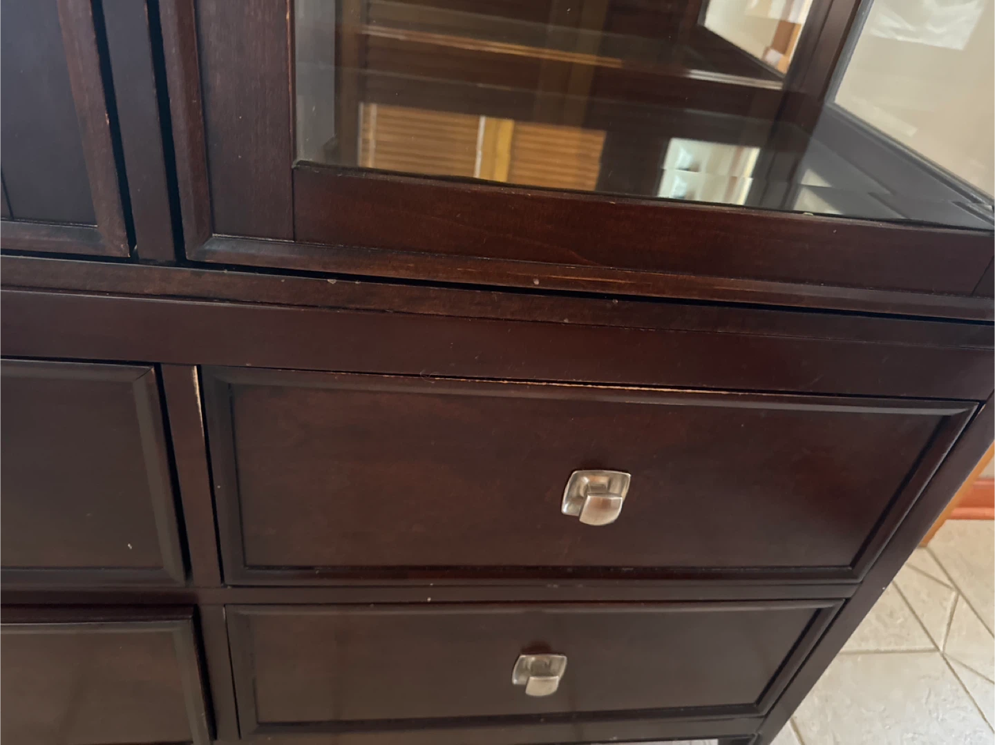 Dark Wood China Cabinet with Glass Doors and Drawers - photo 4