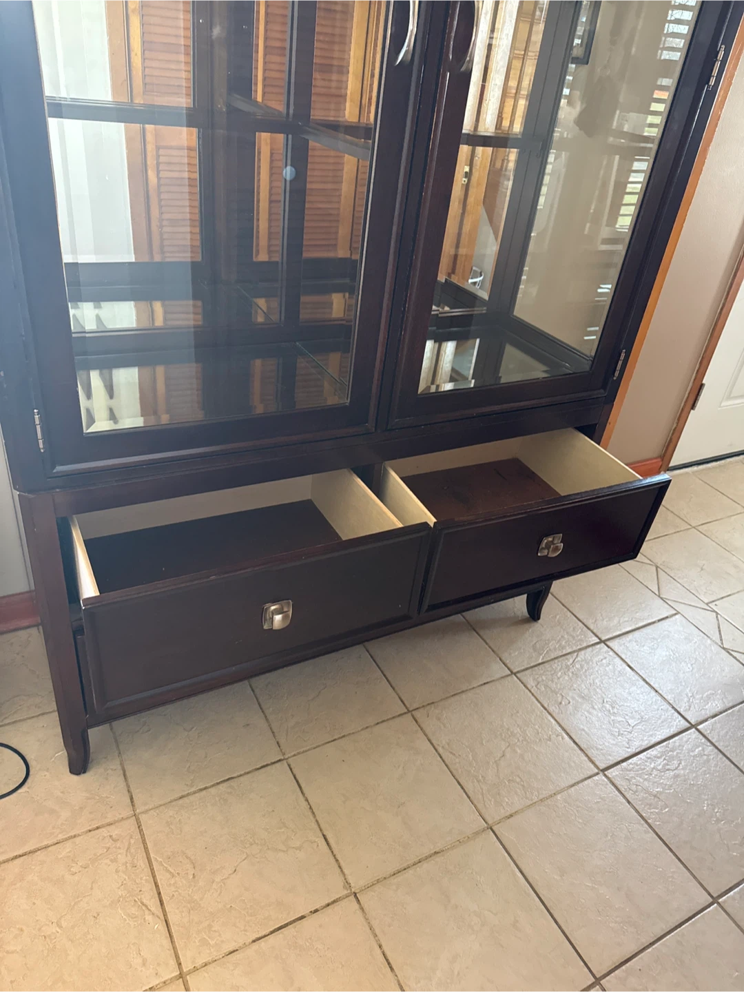 Dark Wood China Cabinet with Glass Doors and Drawers - photo 2