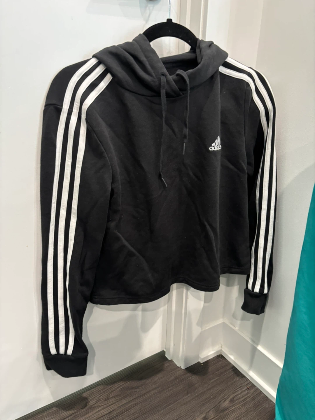 Adidas Black Cropped Hoodie with 3 Stripes - Size S