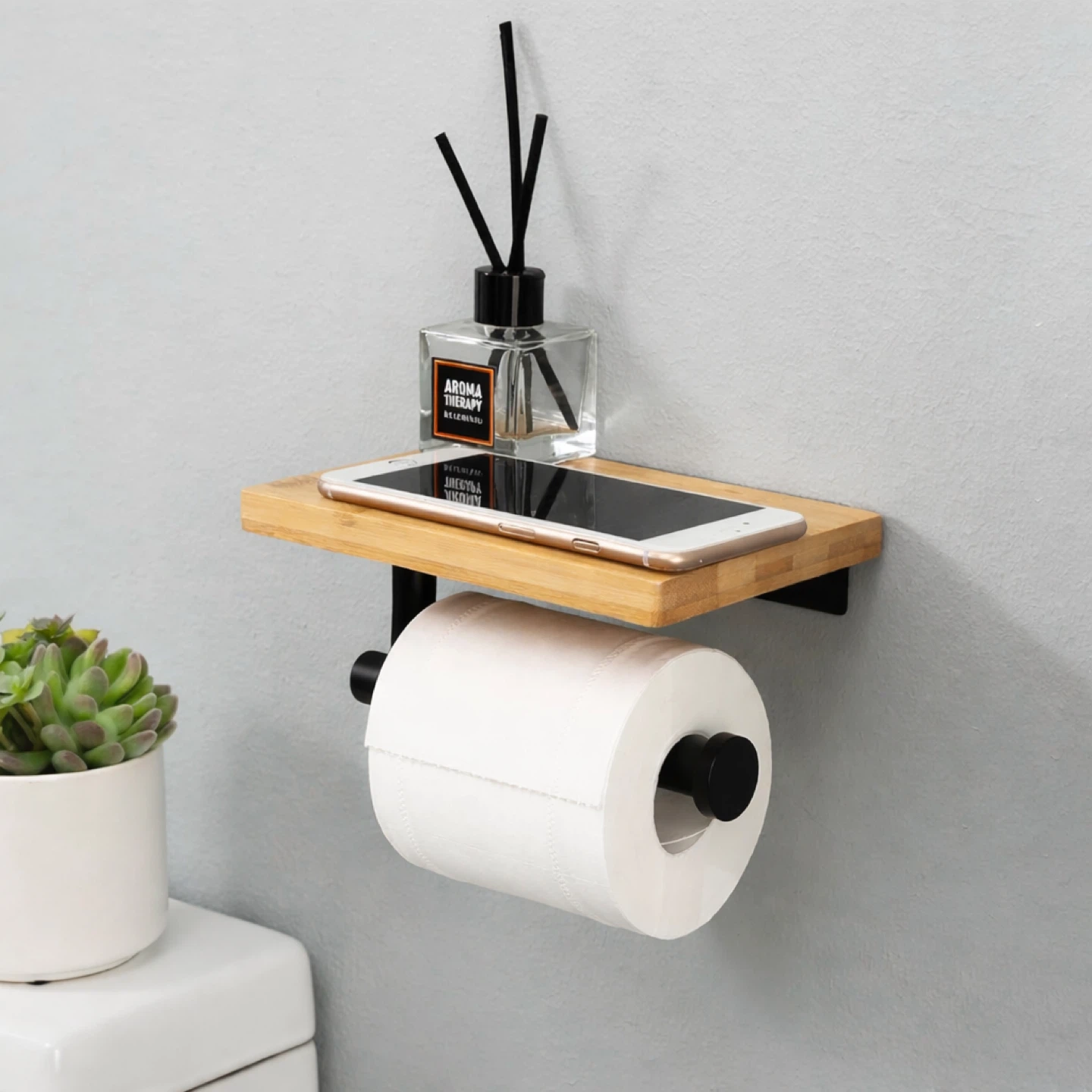 Toilet Paper Holder with Bamboo Shelf