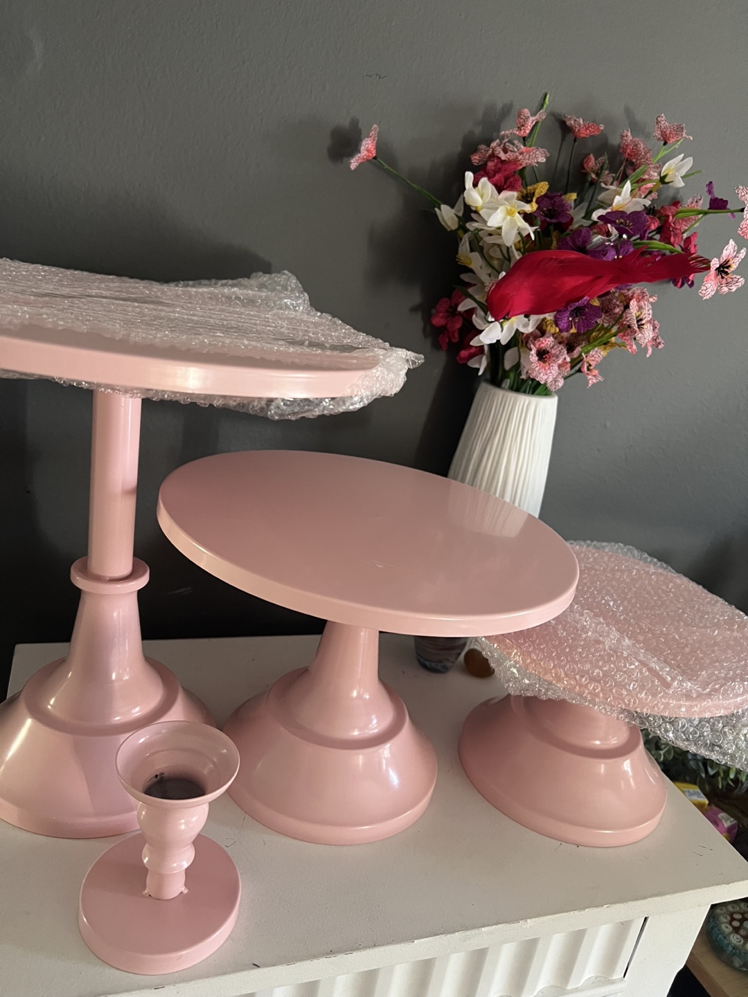 Pink Cake Stands Set (3) with Candlestick Holder