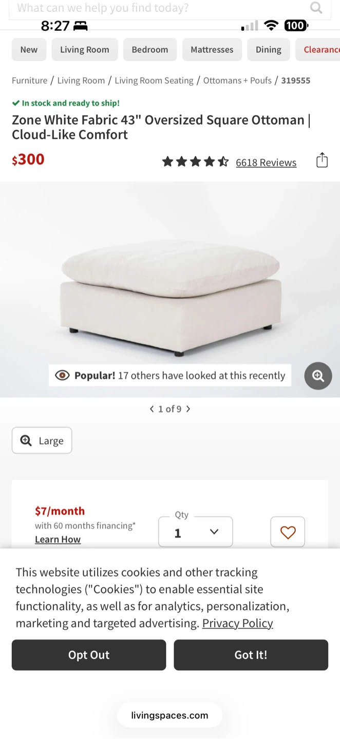LIKE NEW Zone Cream 43" Oversized Square Ottoman - photo 2
