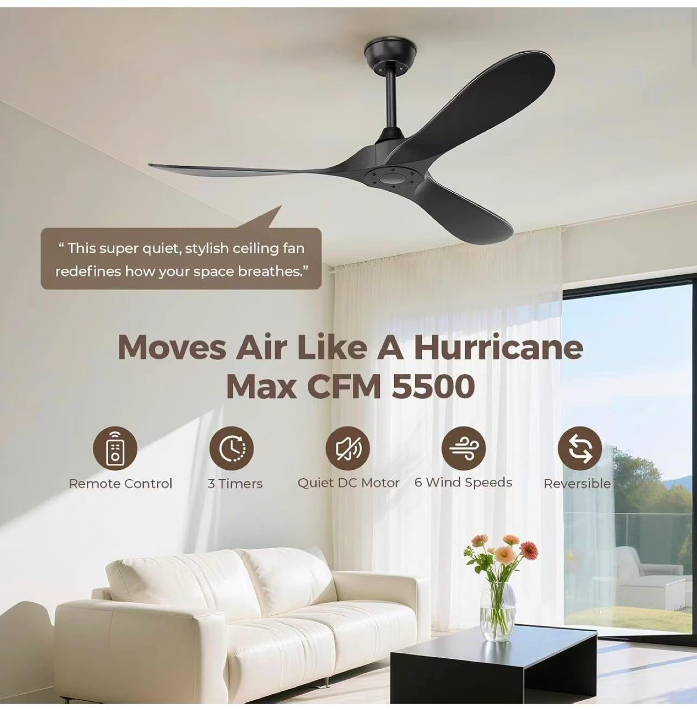 Black 52-Inch Modern Ceiling Fan with Remote - photo 5
