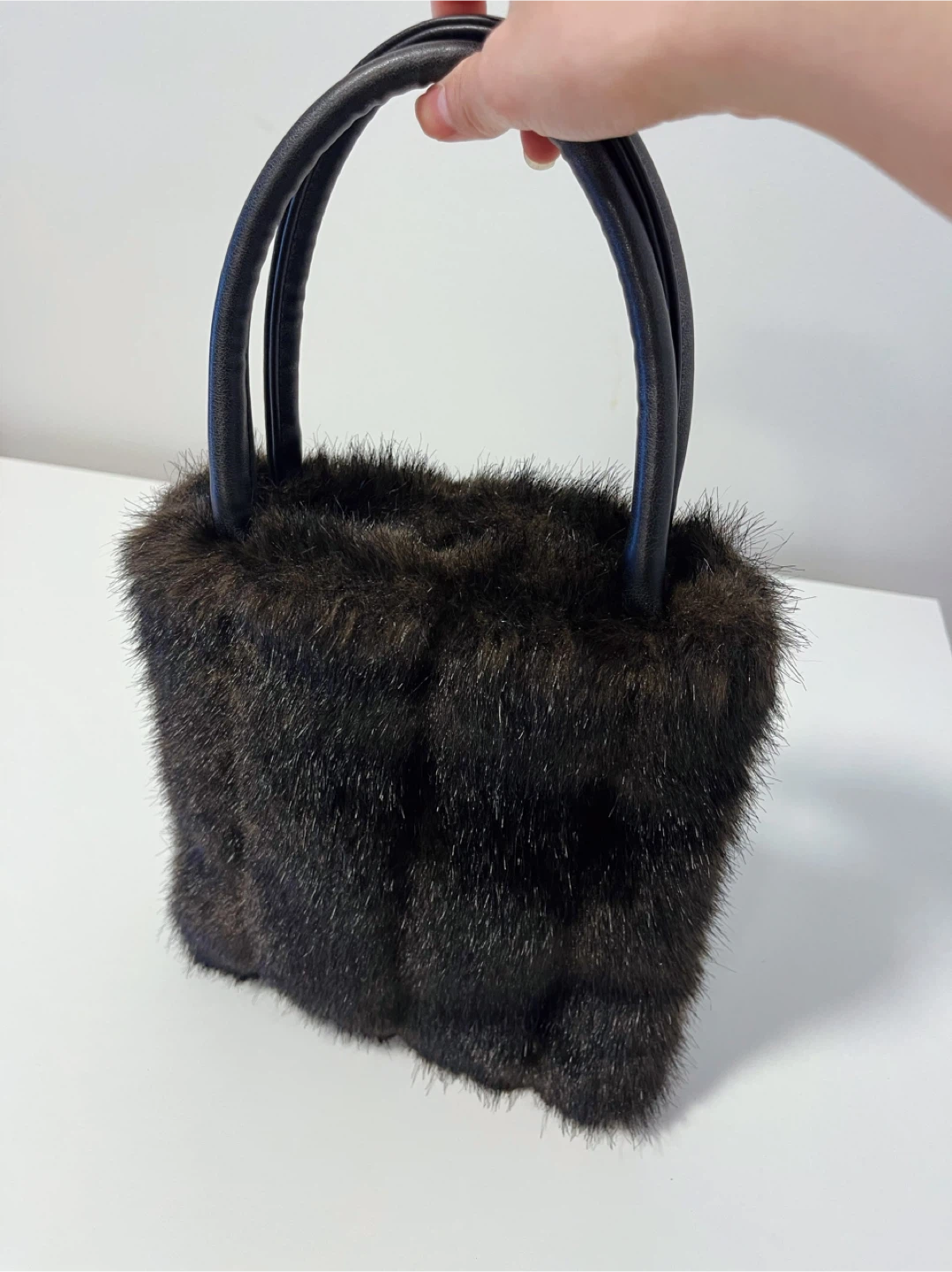 Dark Brown Faux Fur Handbag with Faux Leather Handles - photo 2