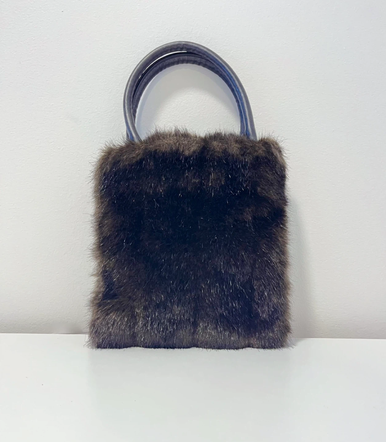 Dark Brown Faux Fur Handbag with Faux Leather Handles