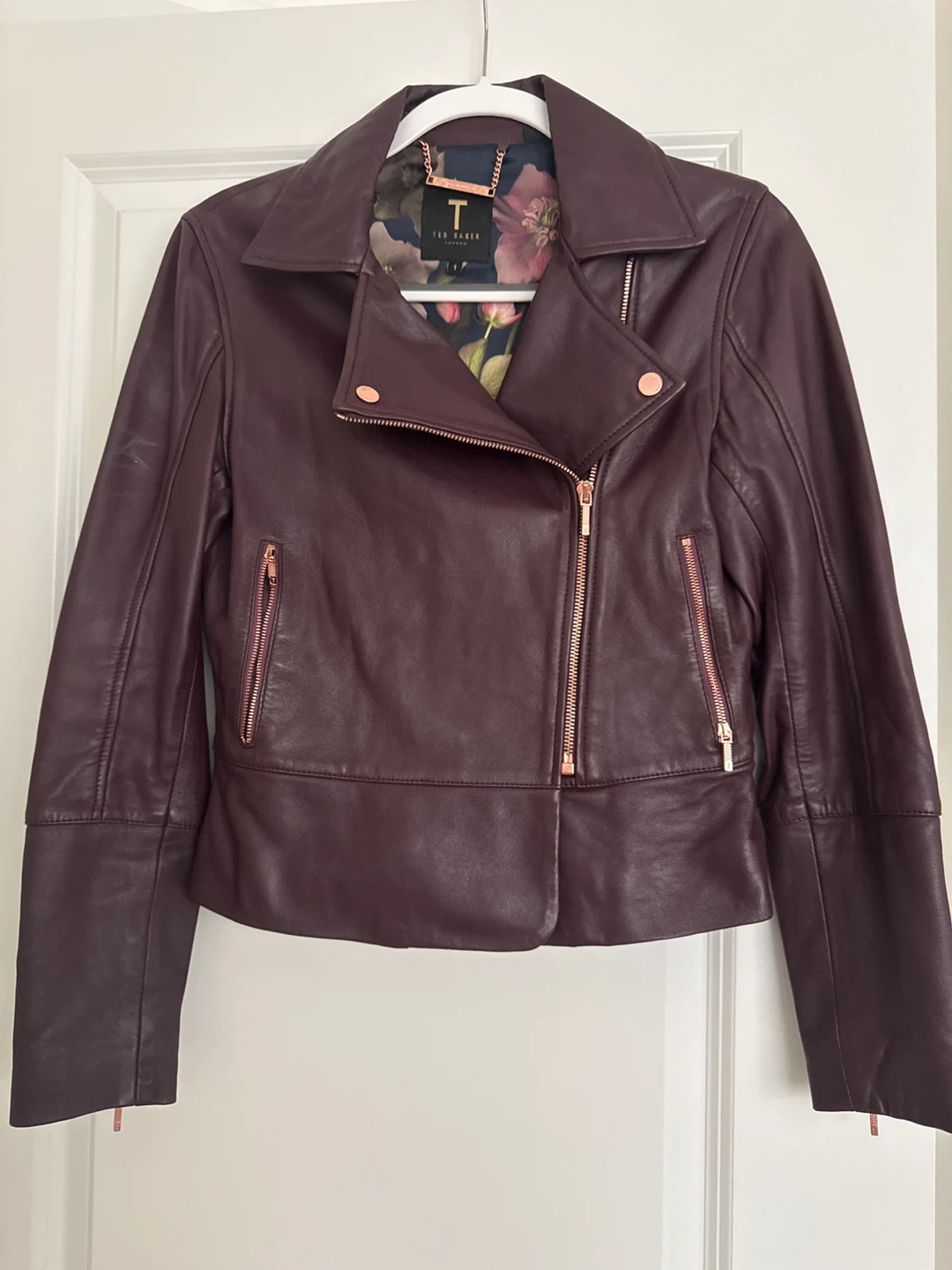 Ted Baker London Women's Burgundy Leather Biker Jacket Size 1