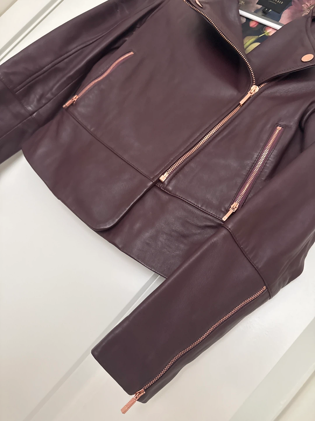 Ted Baker London Women's Burgundy Leather Biker Jacket Size 1 - photo 3