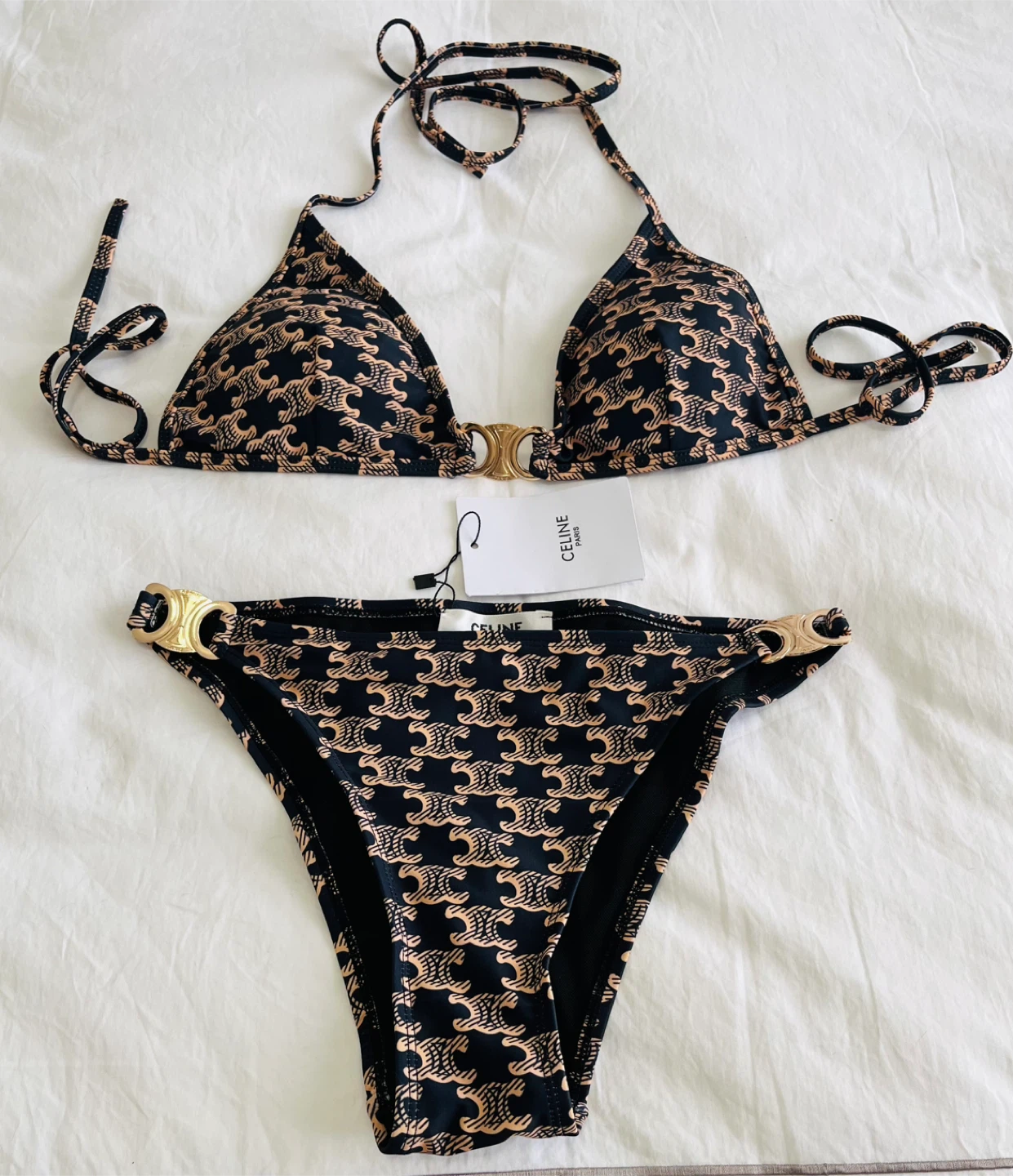 Celine Bikini Set - Black/Tan Triomphe Print