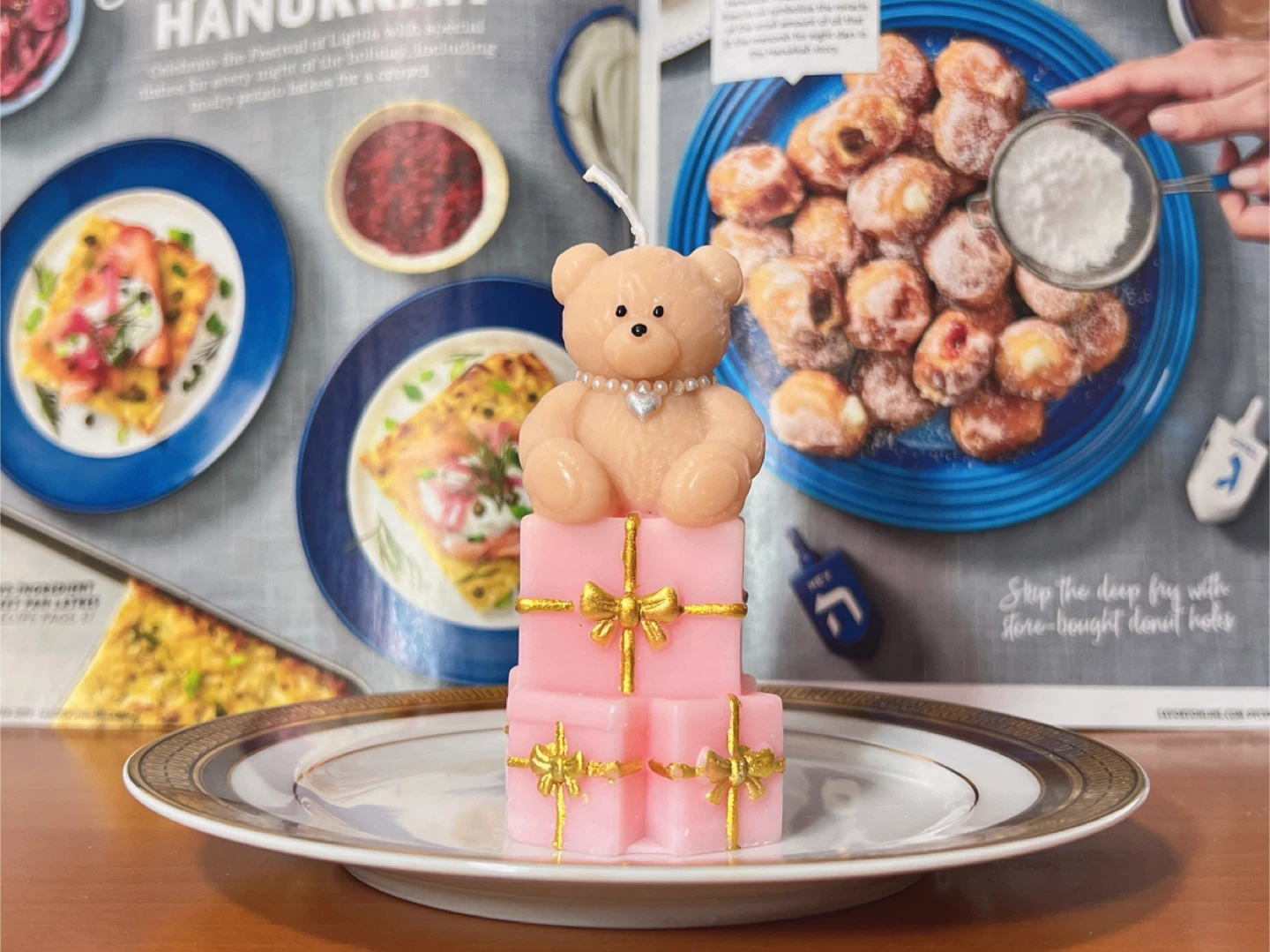 Handmade Teddy Bear Candle on Pink Gift Boxes
