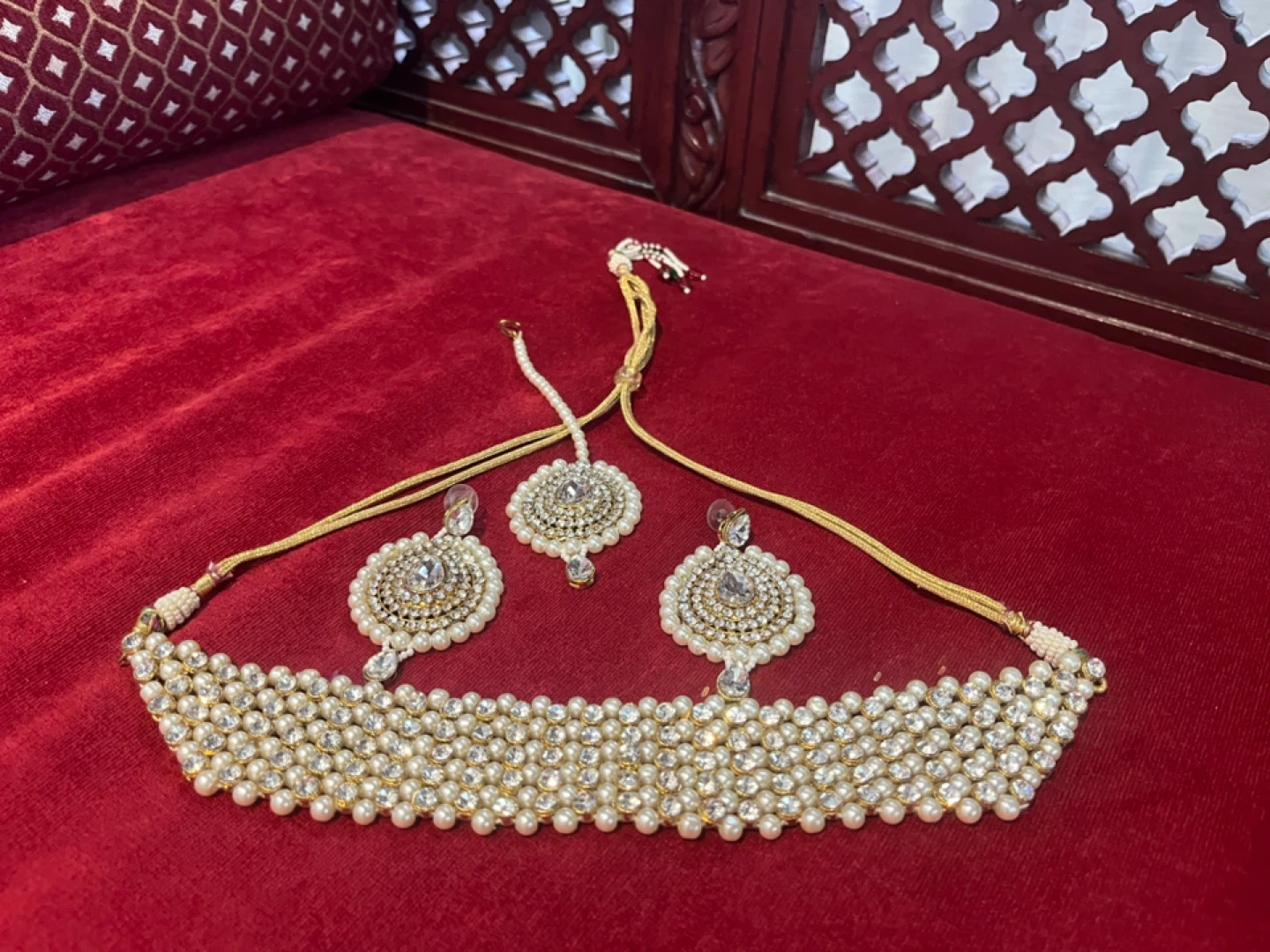 Pearl and Rhinestone Choker Necklace Set with Earrings and Tikka