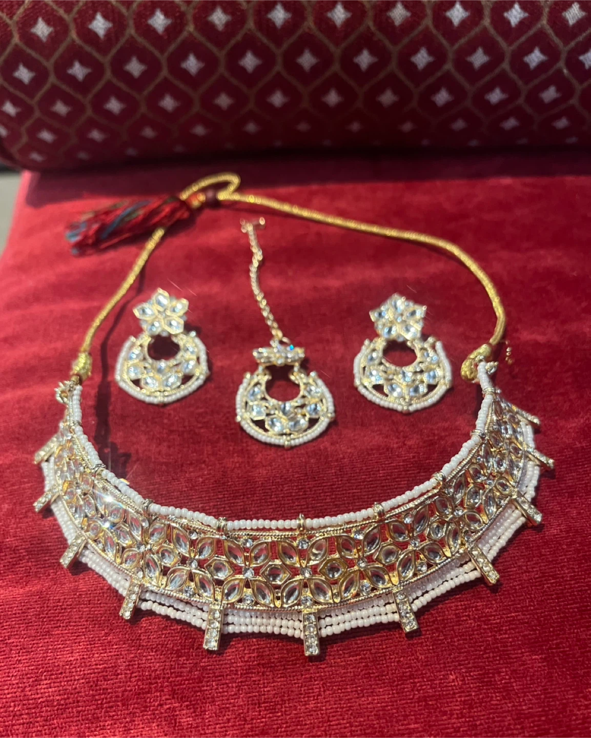 Gold Tone Choker Necklace Set with Earrings and Tikka