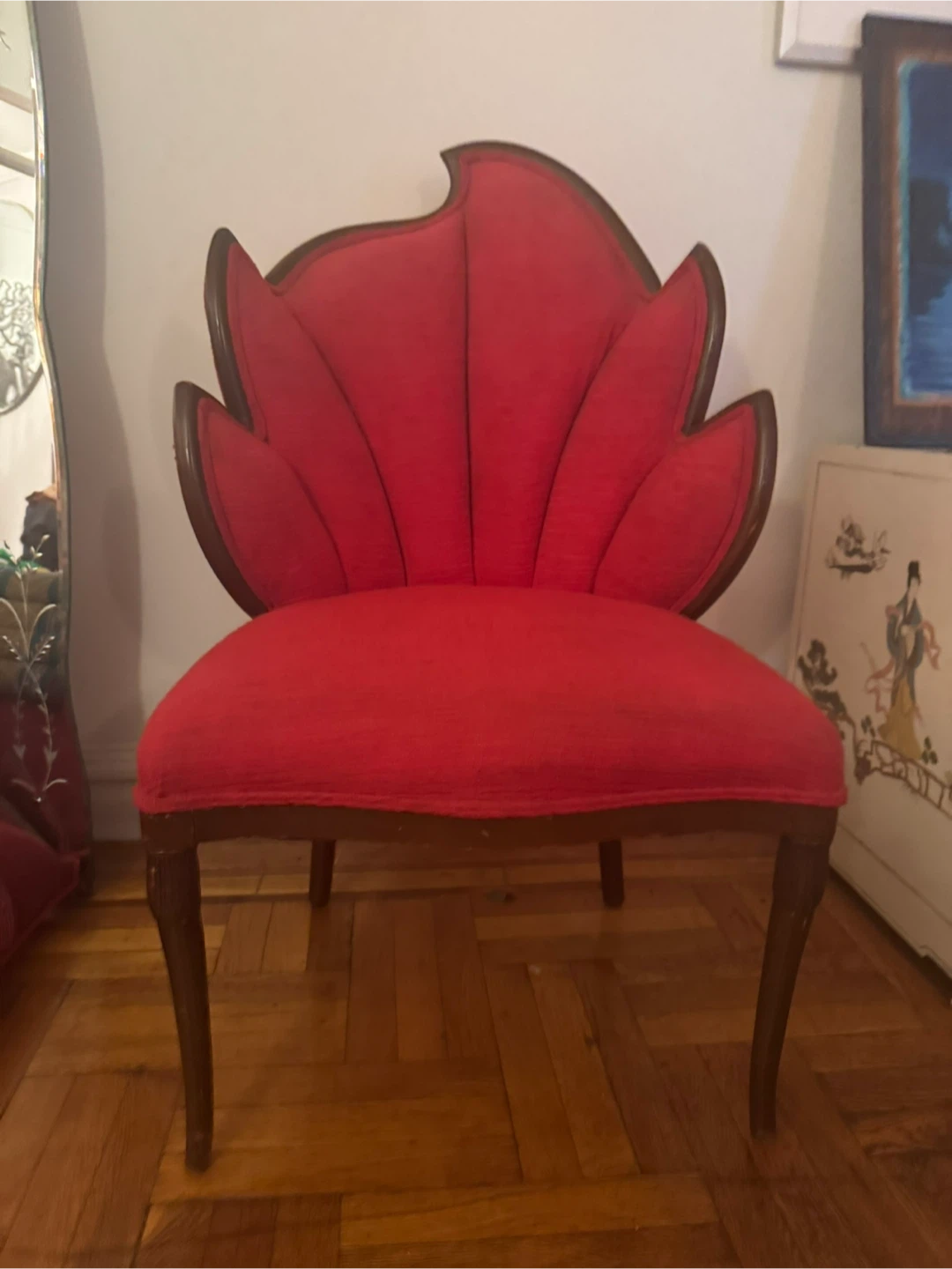 Red Velvet Accent Chair - Leaf Design