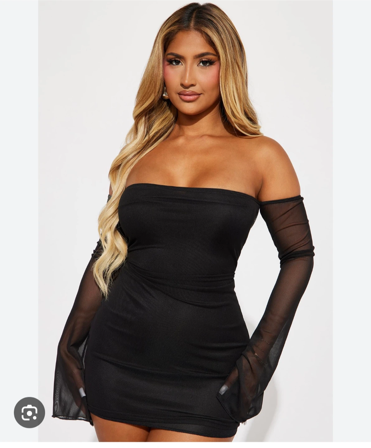 Fashion Nova Black Off-the-Shoulder Mesh Sleeve Mini Dress