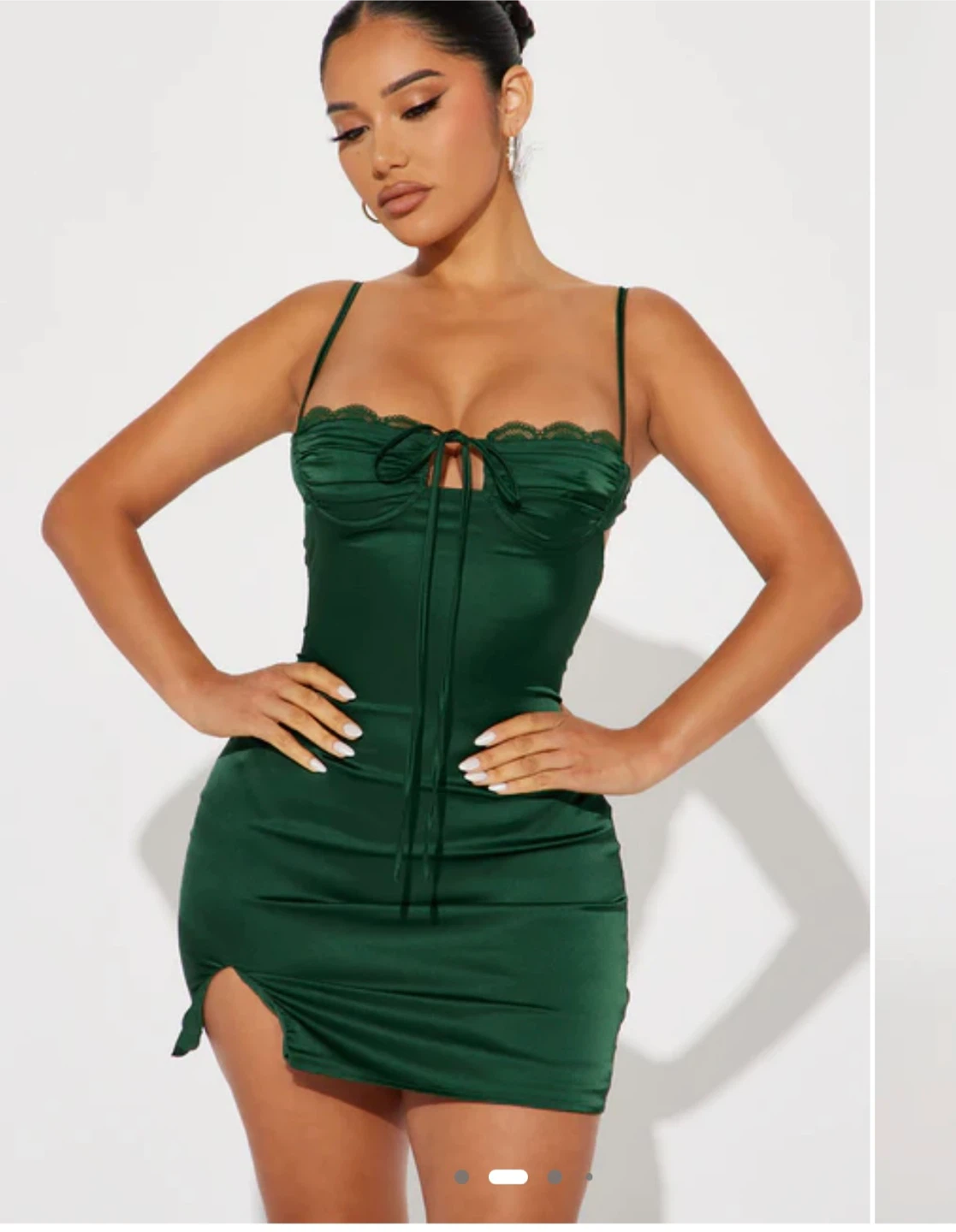 Women's Green Satin Mini Dress with Lace Trim - photo 2