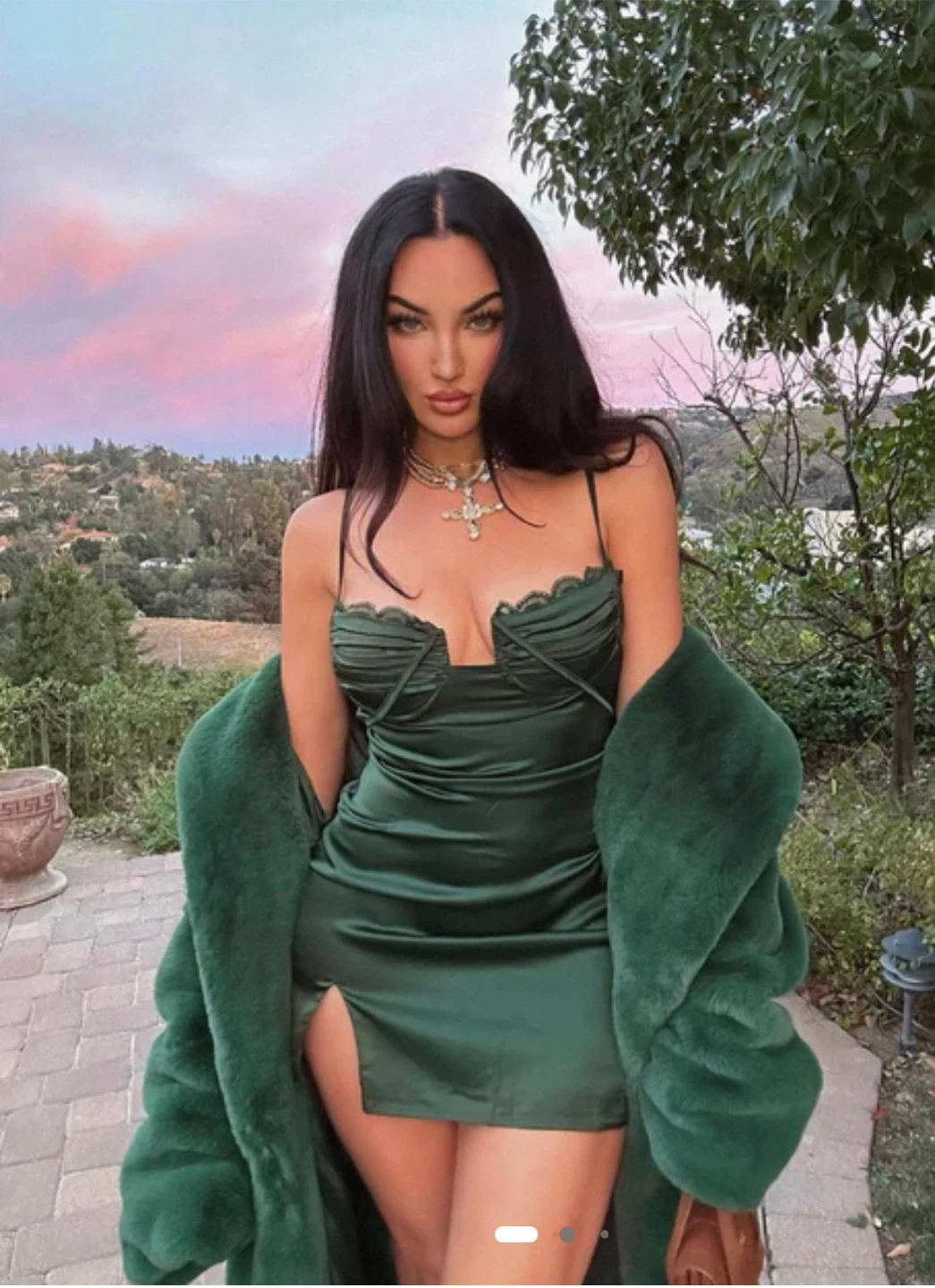 Women's Green Satin Mini Dress with Lace Trim - photo 3