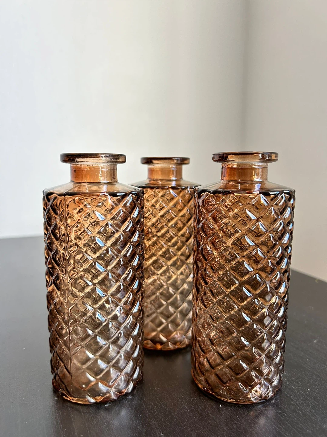 Set of 8 Amber Diamond Embossed Glass Bud Vases