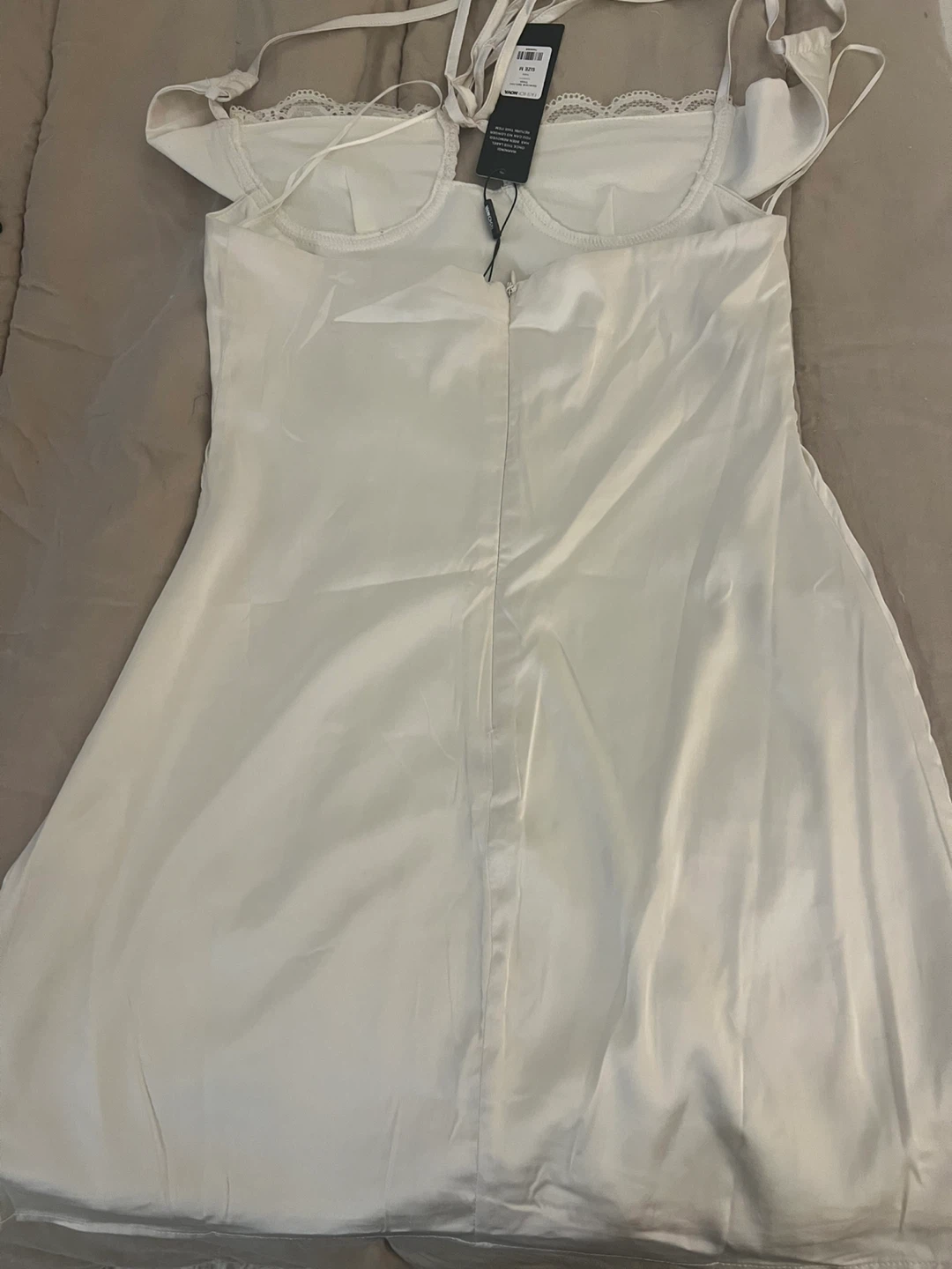 White satin lace trim mini dress with tie detail - photo 5