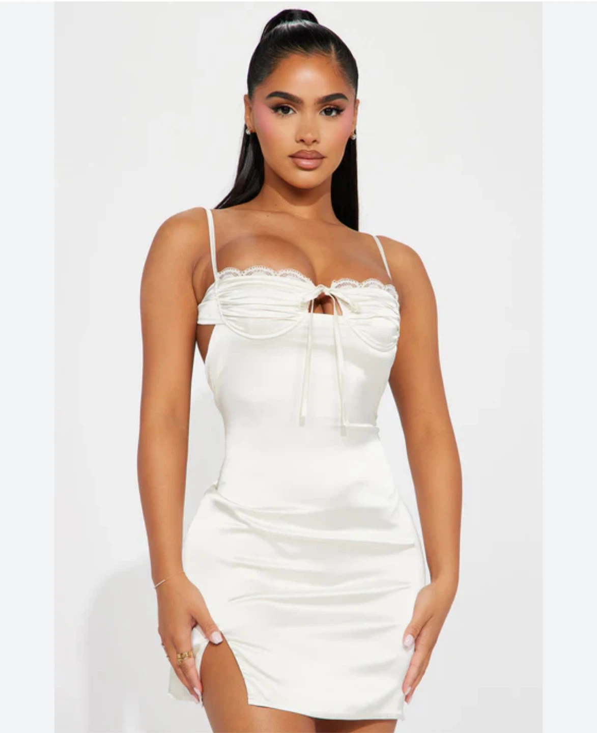 White satin lace trim mini dress with tie detail