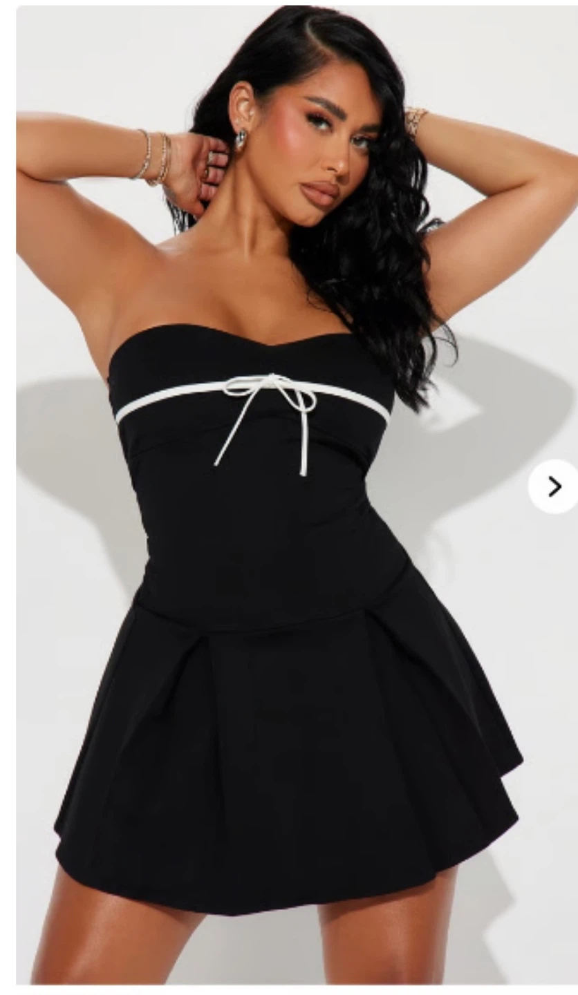 Black Strapless Pleated Mini Dress with White Bow Detail - photo 4
