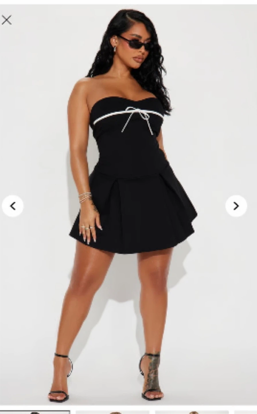Black Strapless Pleated Mini Dress with White Bow Detail - photo 3