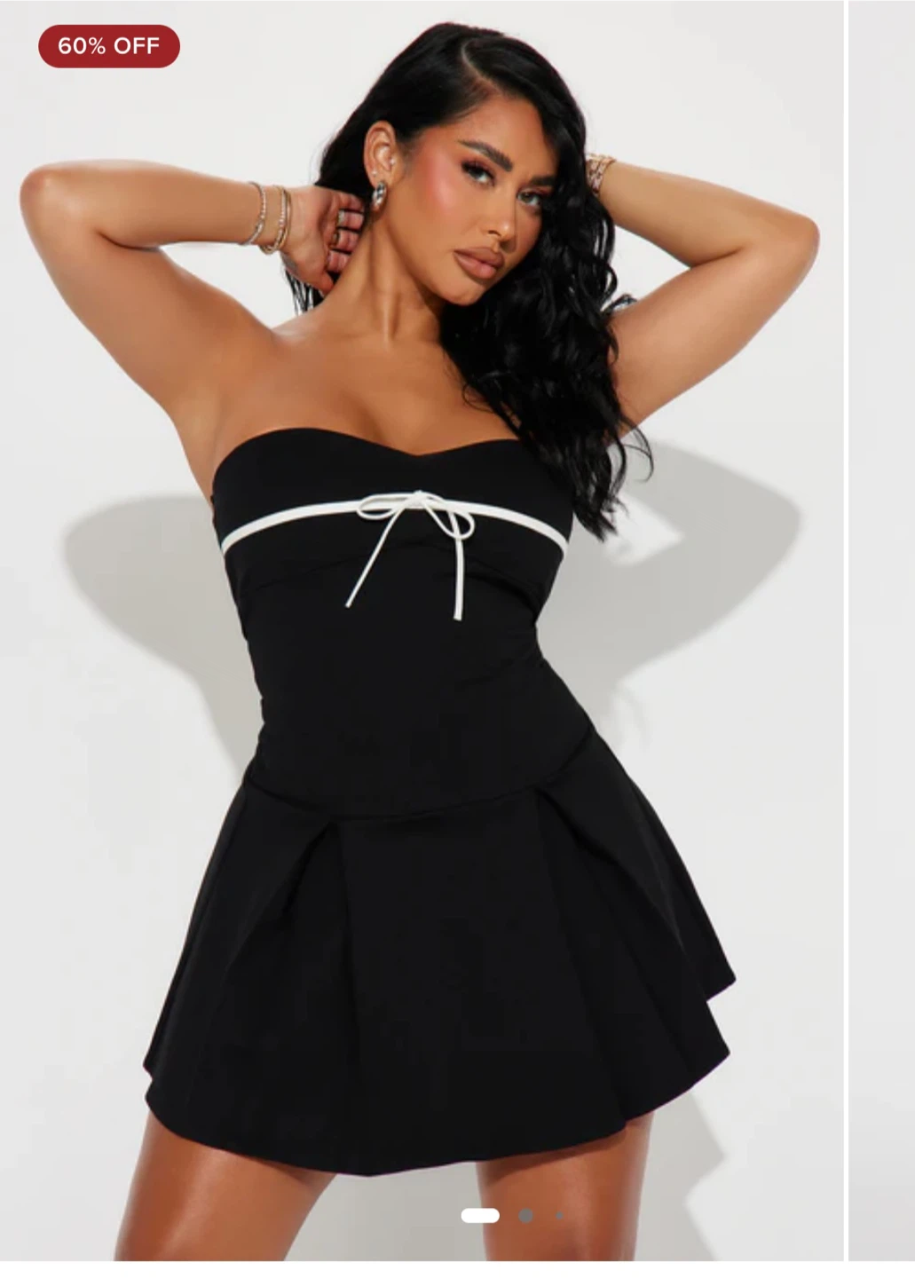 Black Strapless Pleated Mini Dress with White Bow Detail