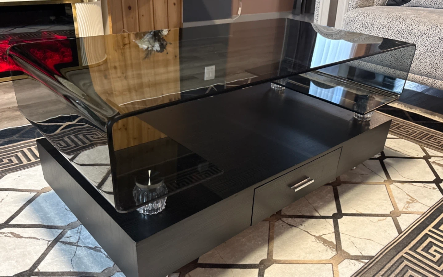 Black Glass Coffee Table with Drawers