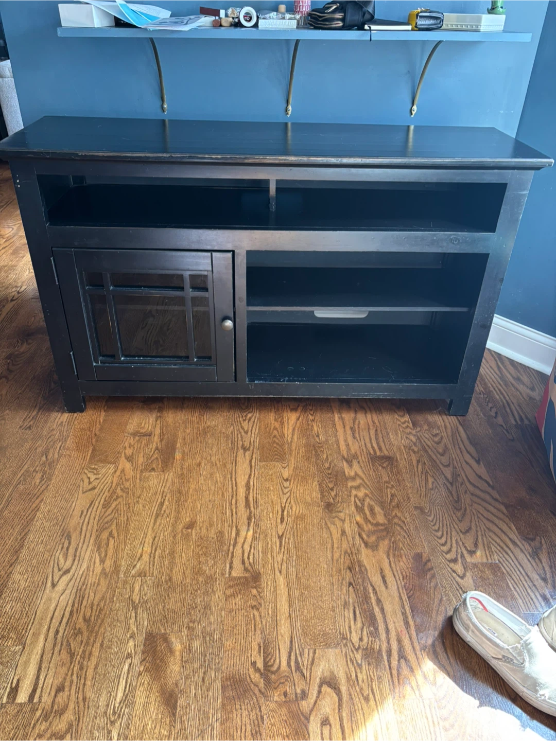 Black Media Console with Cabinet and Shelves - photo 2