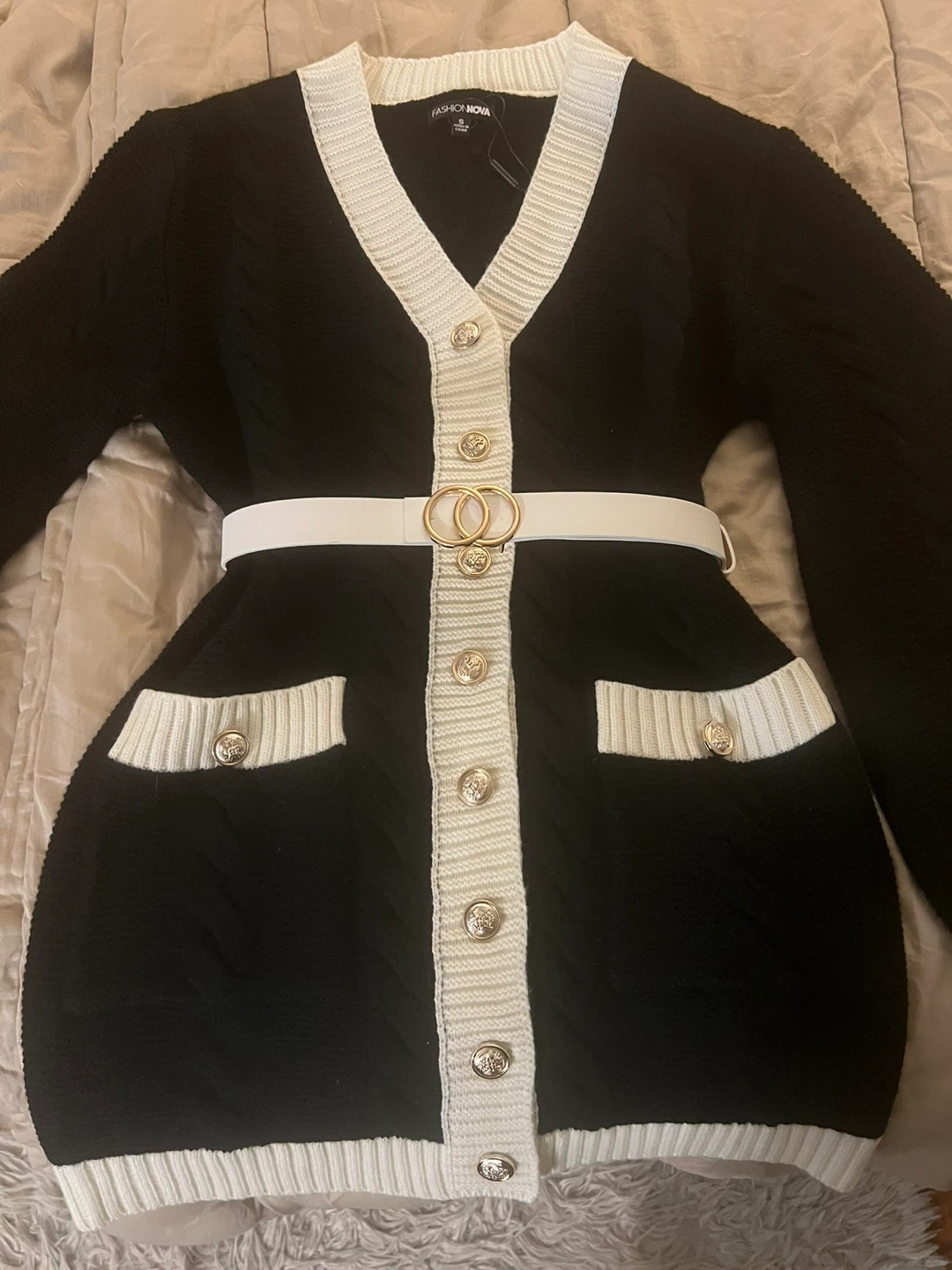 Fashion Nova Black & White Cardigan Dress with Belt