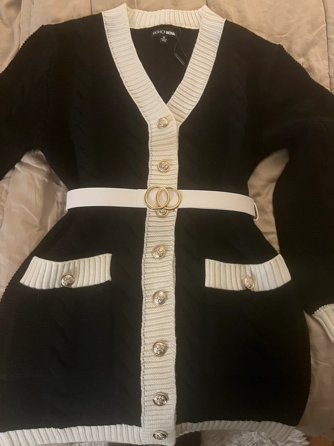 Fashion Nova Black & White Cardigan Dress with Belt - photo 2