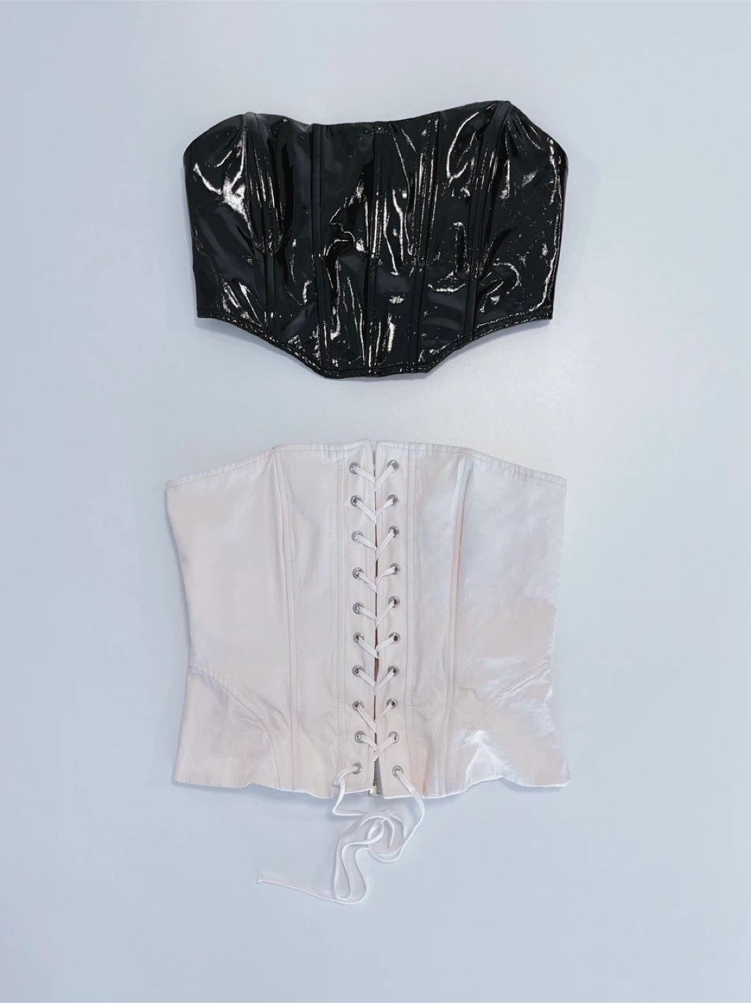 ZARA Corset Top - Black Patent & Cream Lace-Up
