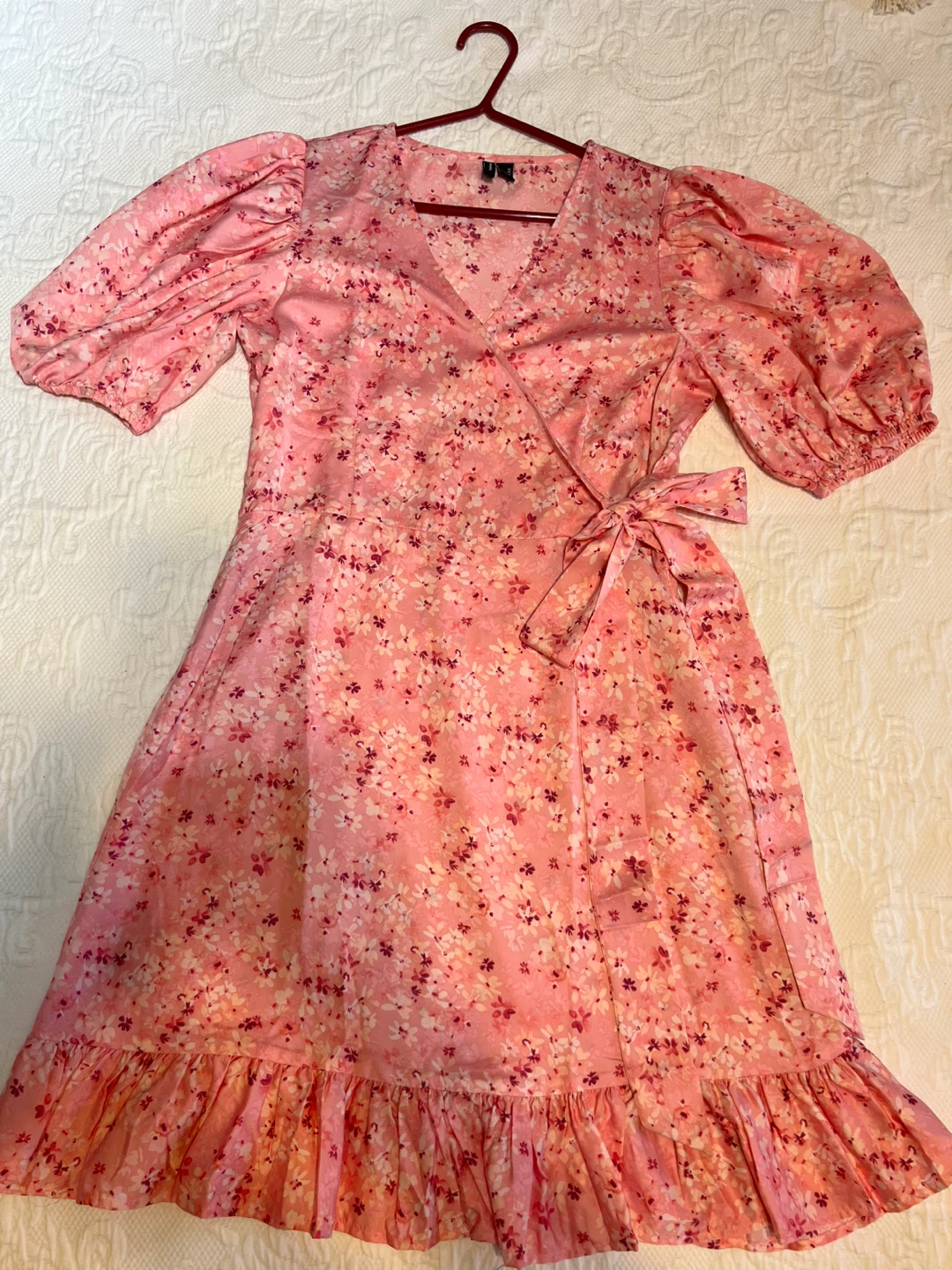 Pink Floral Wrap Dress with Puff Sleeves