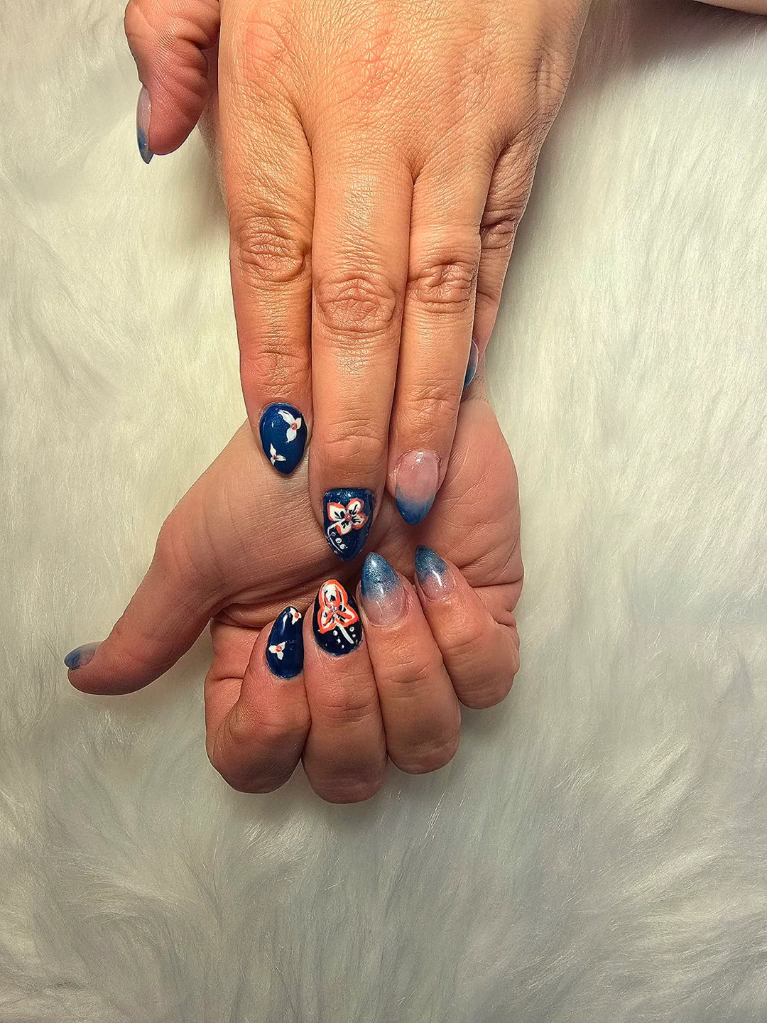 Blue Ombre Nails with Floral Design
