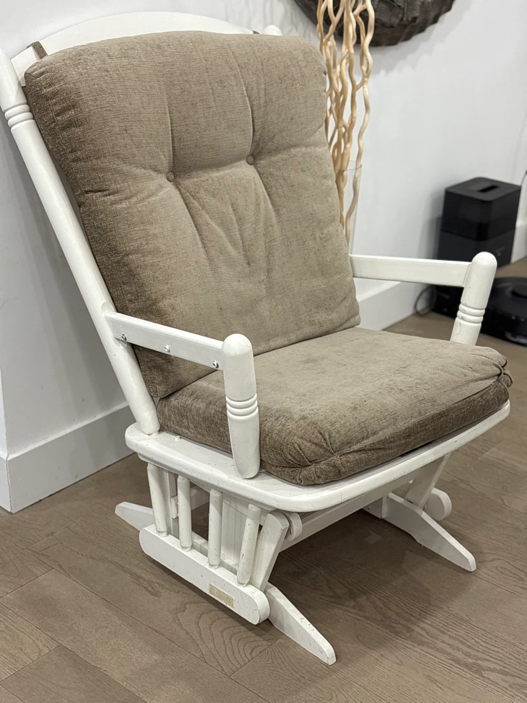 White Glider Rocking Chair with Tufted Beige Cushions