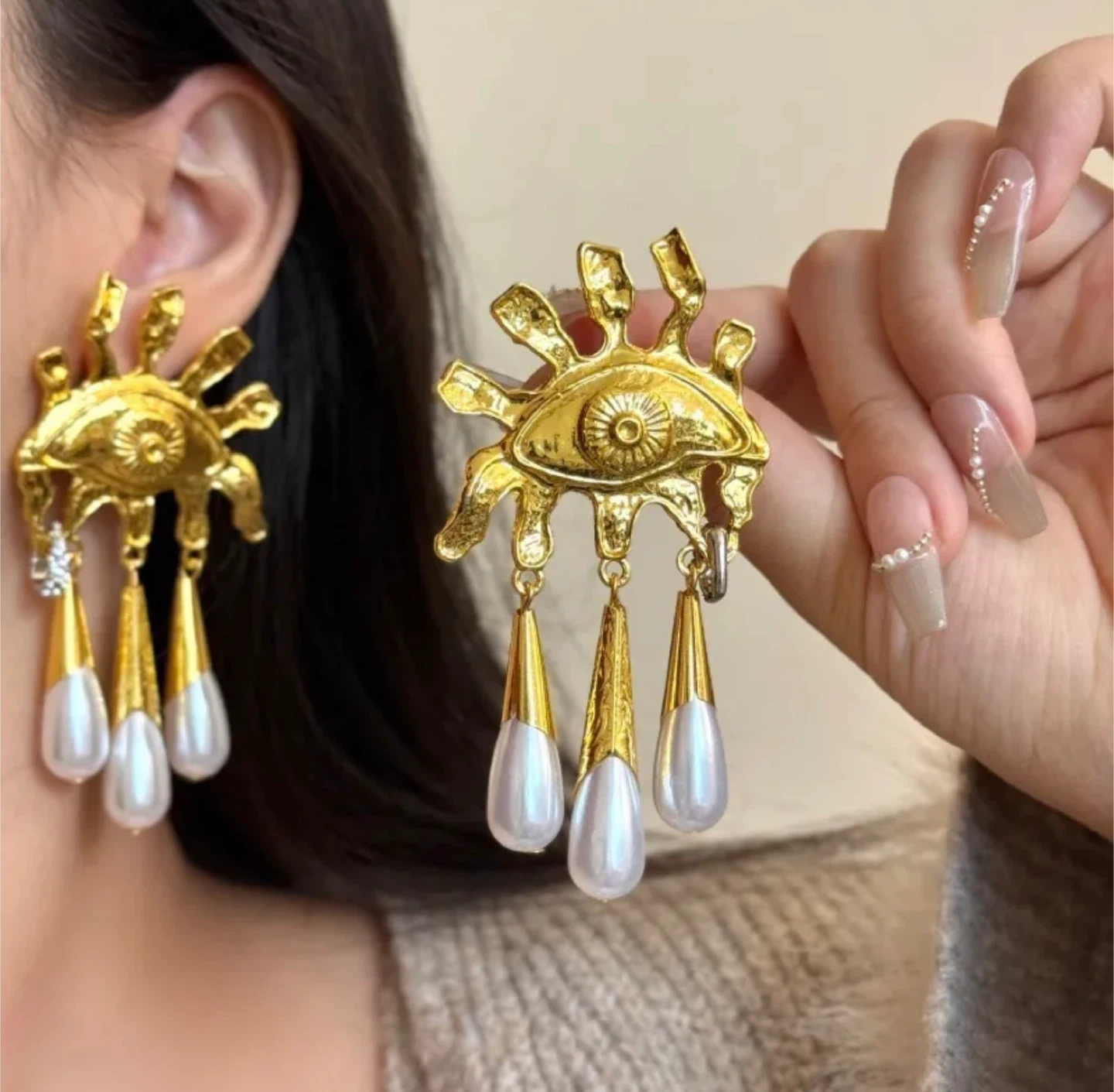 Schiaparelli Inspired Gold Eye Drop Pearl Dangle Earrings - photo 2