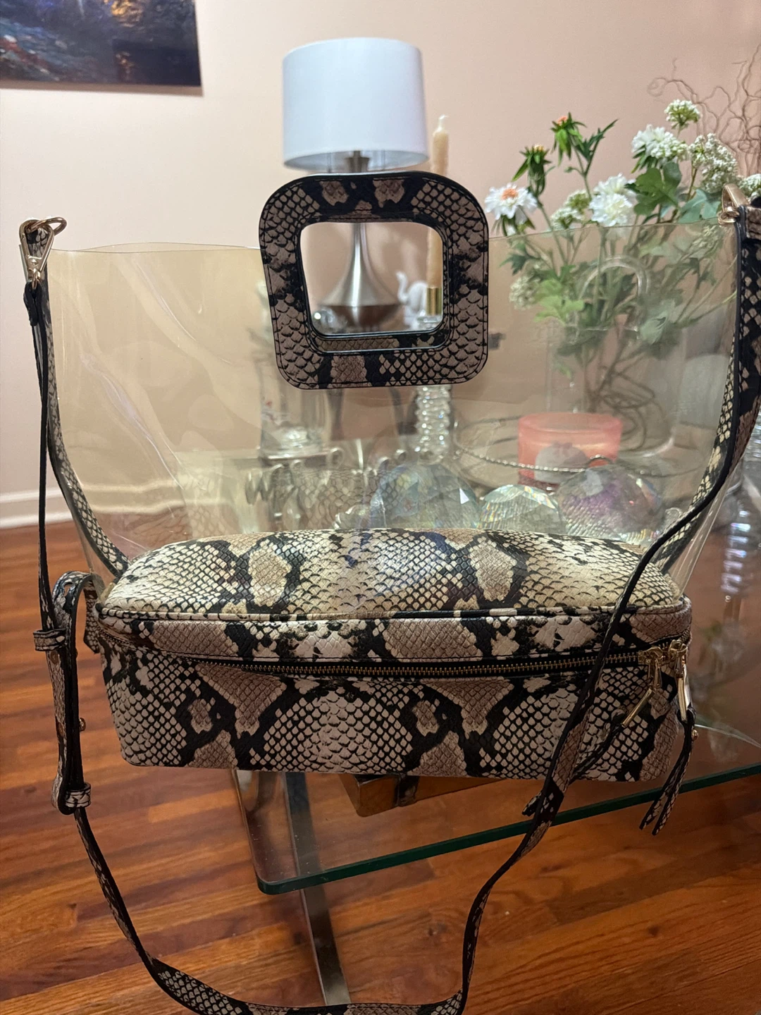 Clear Tote Bag with Snake Print Pouch