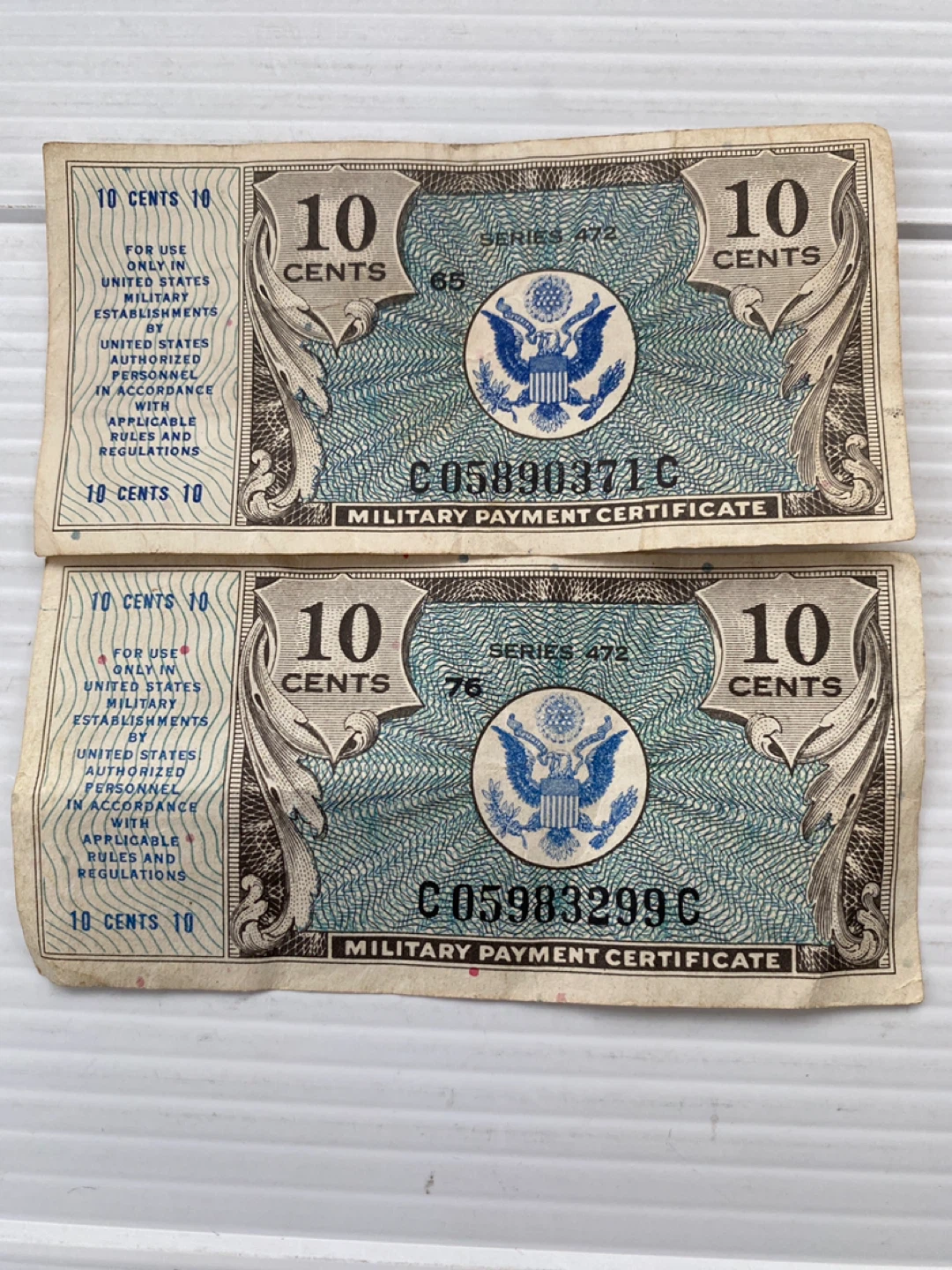 Two 10 Cent Military Payment Certificates Series 1972