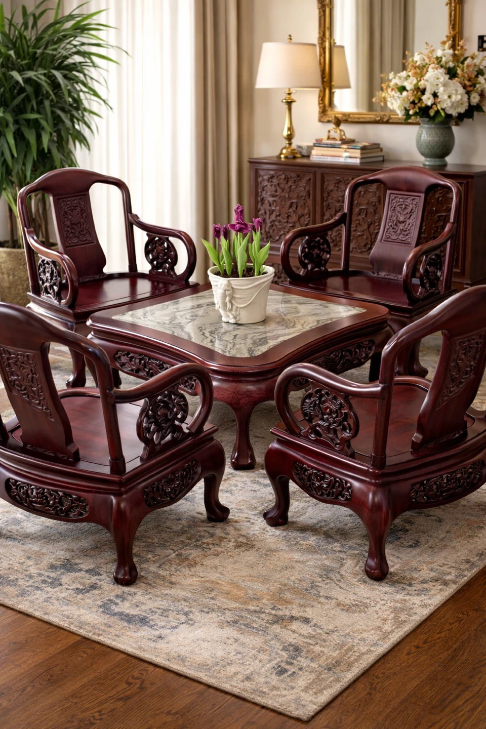 Carved Wood Accent Chairs and Coffee Table Set