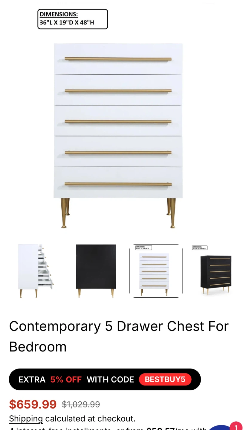 Contemporary 5 Drawer Chest For Bedroom