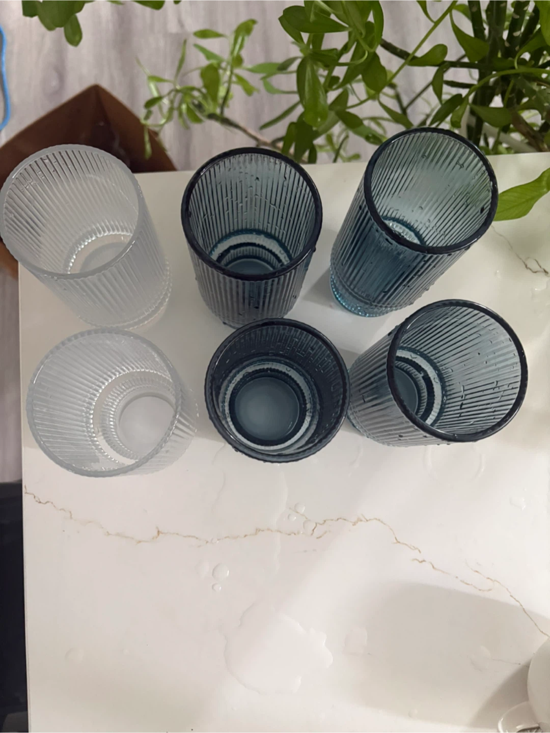 Set of 6 ribbed candle holder - clear & blue - photo 2